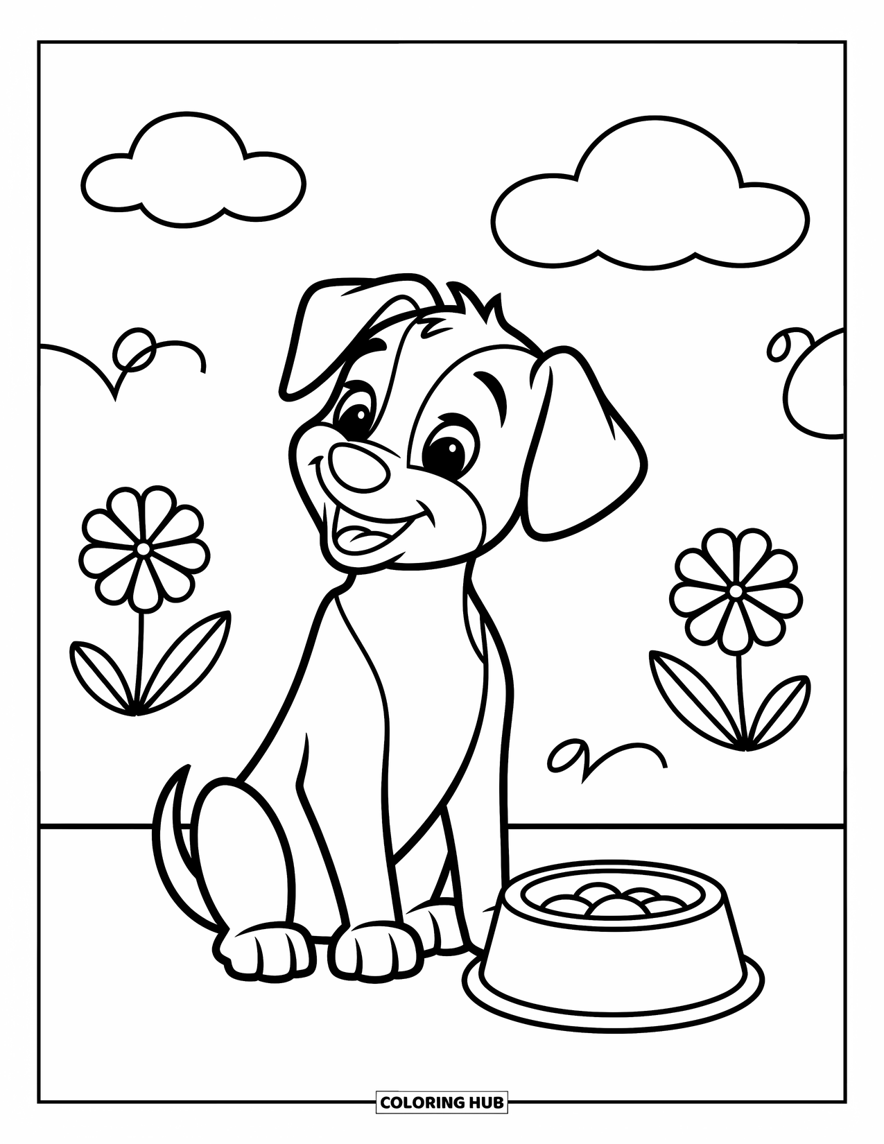 Dog Coloring Page for Kids: A joyful puppy waits beside a food bowl, framed by whimsical clouds and flowers