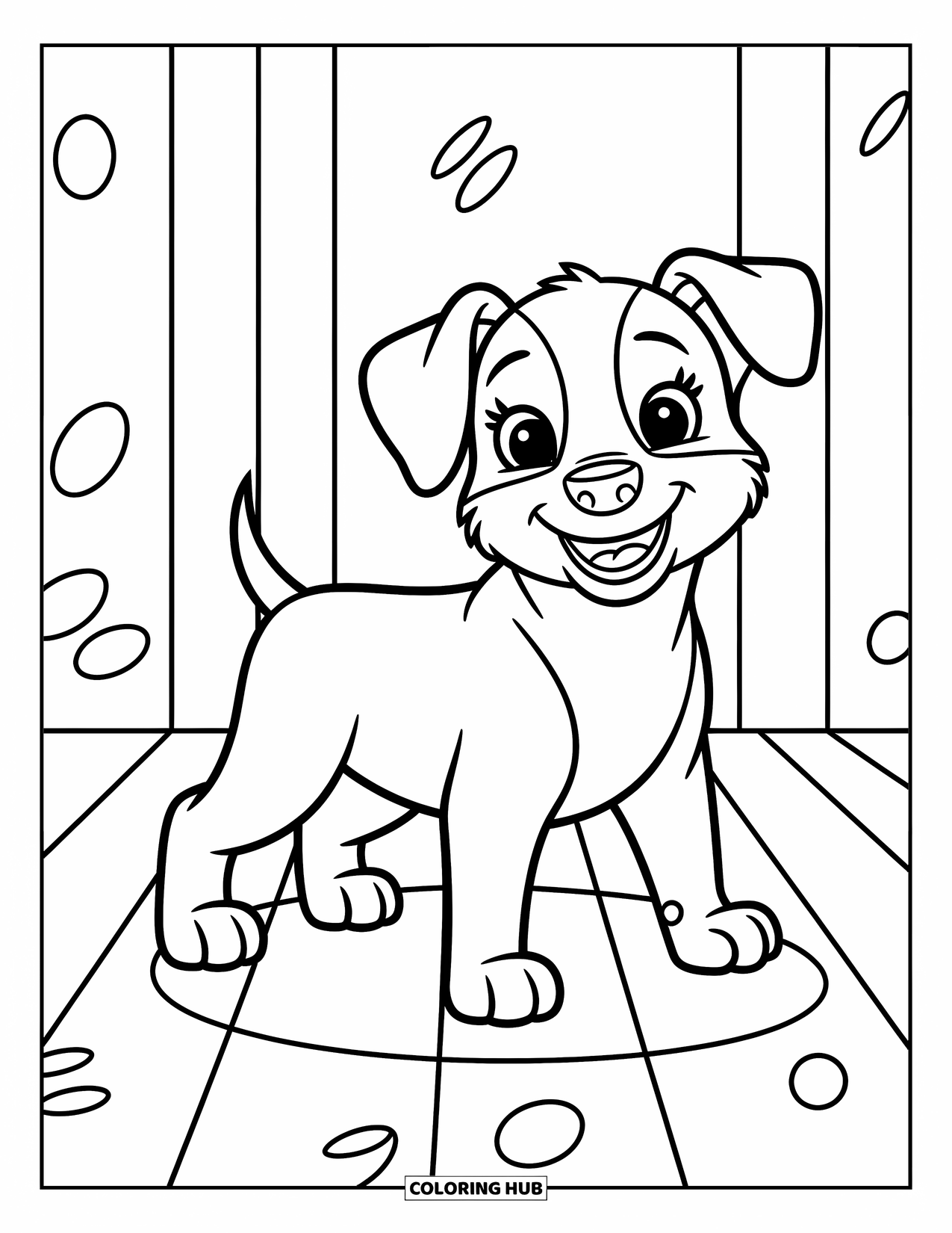 Dog Coloring Page for Kids: A joyful puppy with a floppy ear stands eagerly, exuding a playful energy