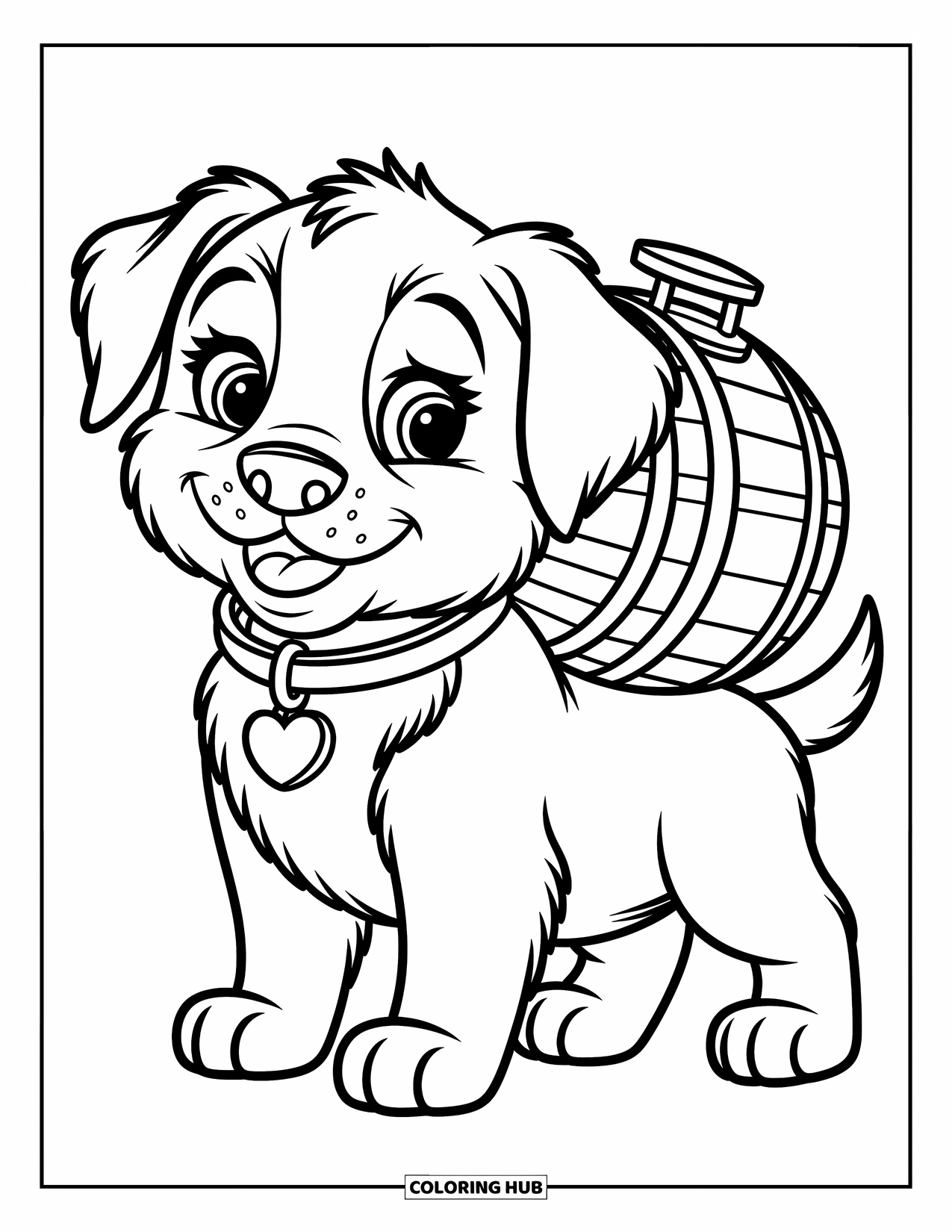 Dog Coloring Page for Kids: A joyful Saint Bernard puppy, with floppy ears, carries a small rescue barrel on its collar