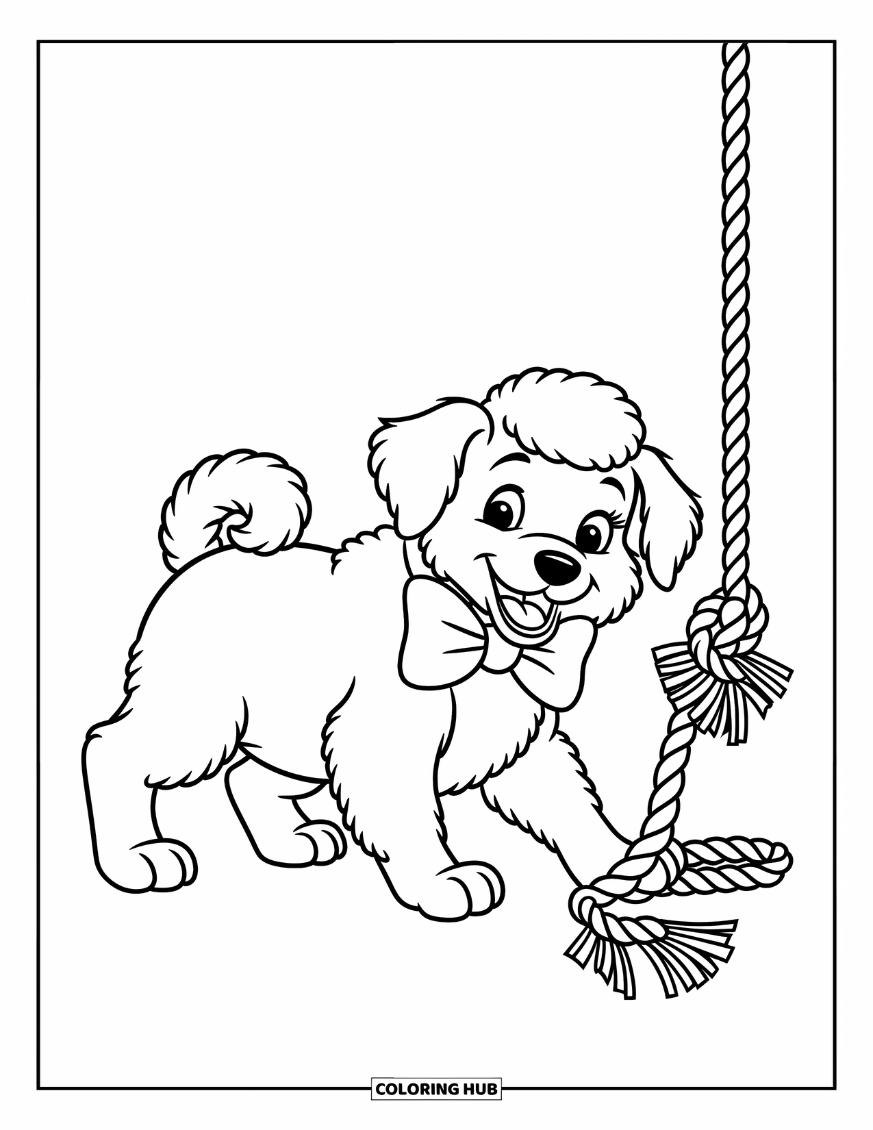 Dog Coloring Page for Kids: A joyful Sheepdog puppy tugs on a rope, wearing a playful bow around its neck
