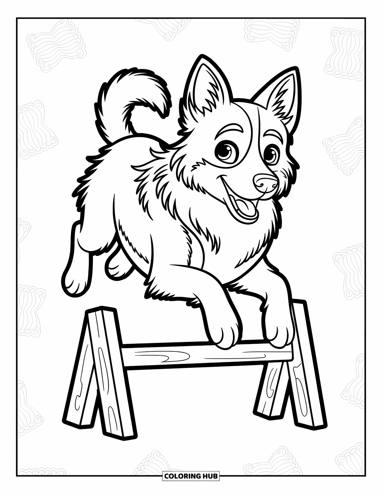 Dog Coloring Page for Kids: A lively Border Collie leaps over a small wooden hurdle, captured mid-jump with expressive movement