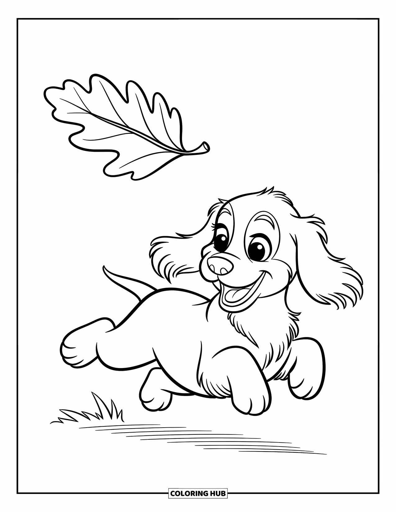 Dog Coloring Page for Kids: A lively Cocker Spaniel puppy leaps toward a falling leaf, eyes wide with excitement