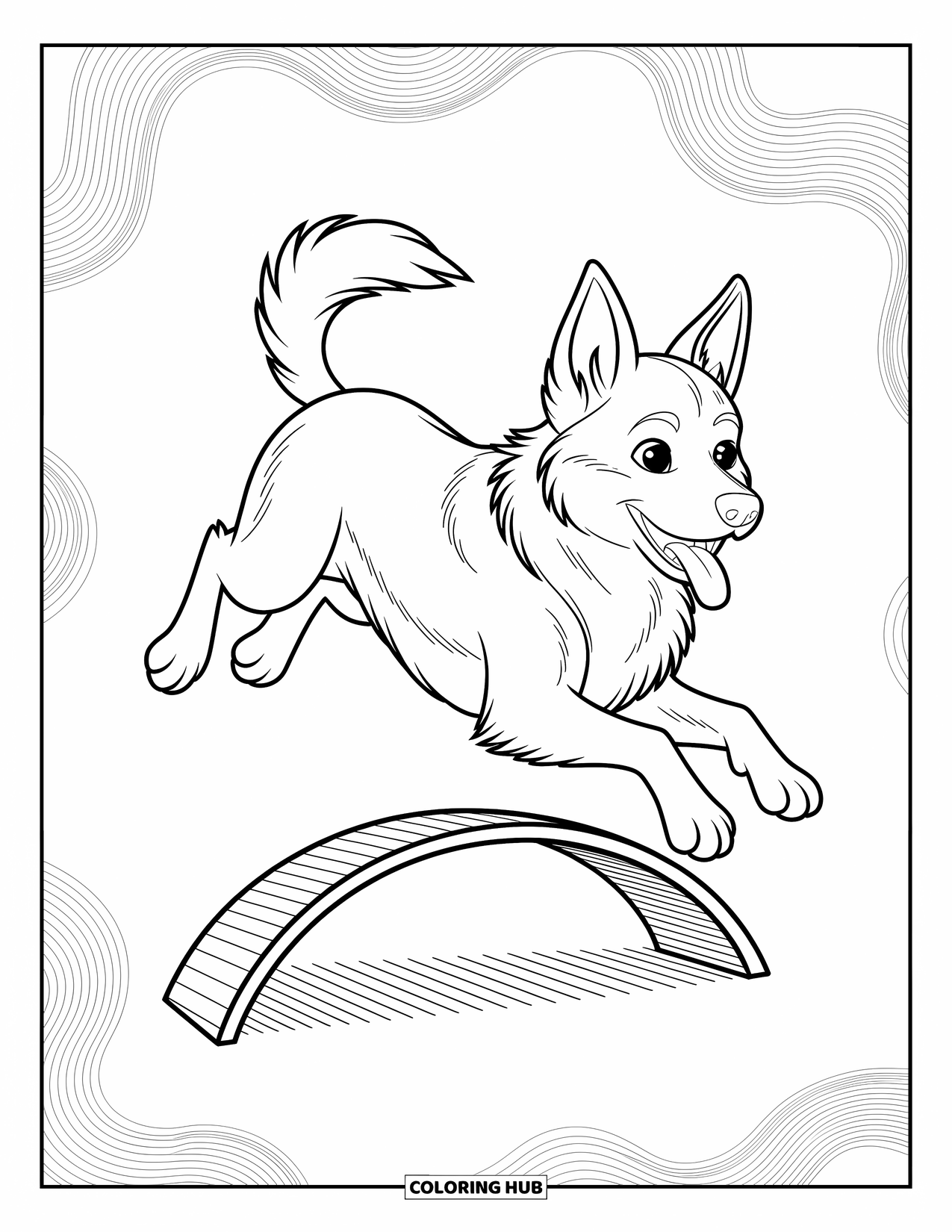Dog Coloring Page for Kids: A lively dog leaps over an obstacle, its body stretched mid-air in an energetic pose