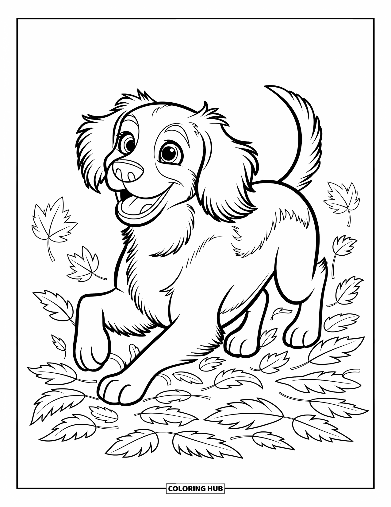 Dog Coloring Page for Kids: A lively Springer Spaniel dashes through a pile of fallen leaves, its tail wagging happily