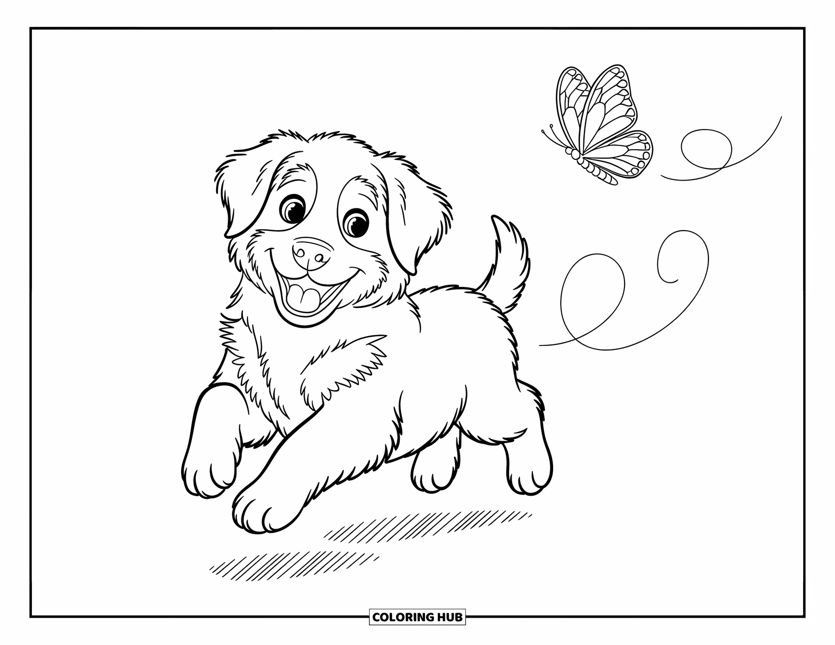 Dog Coloring Page for Kids: A playful Bernese Mountain Dog puppy chases a fluttering butterfly, its tail wagging happily