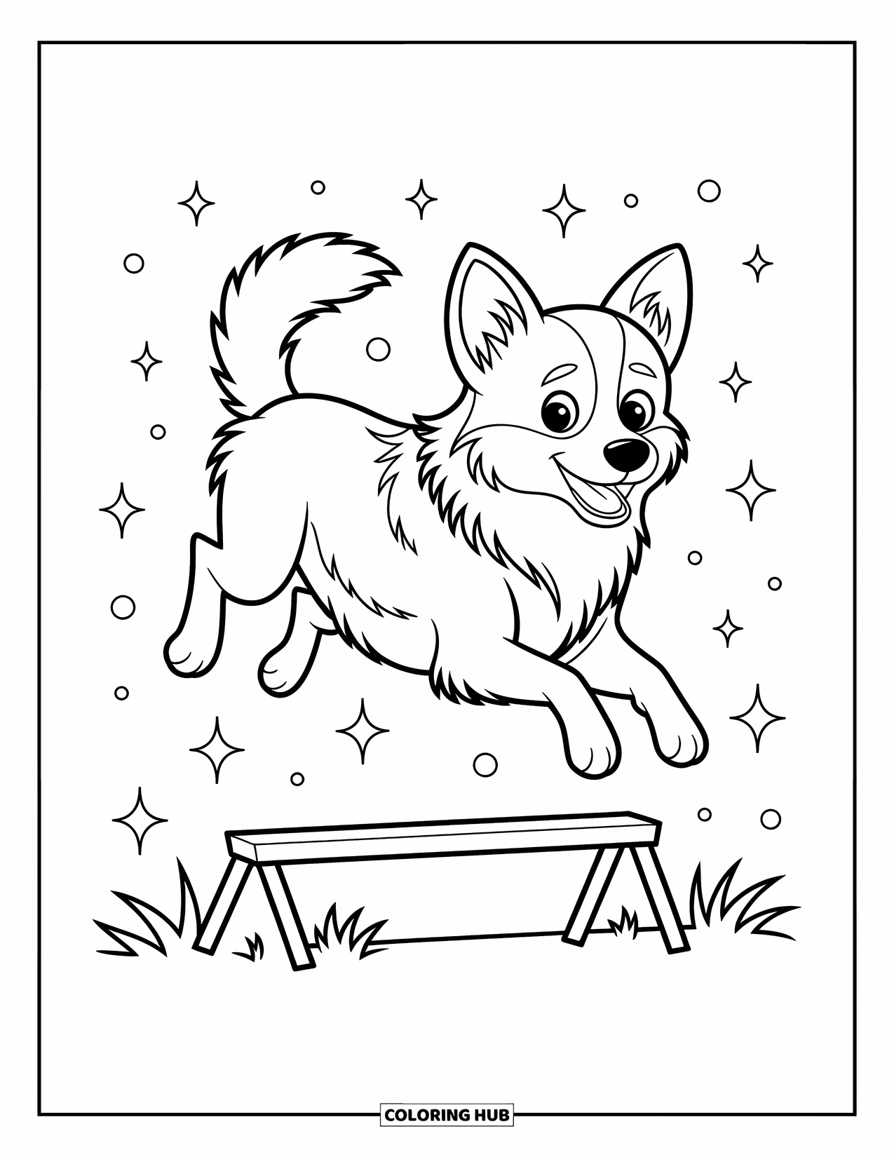 Dog Coloring Page for Kids: A playful Border Collie soars over an obstacle, tail wagging and legs stretched in a dynamic pose