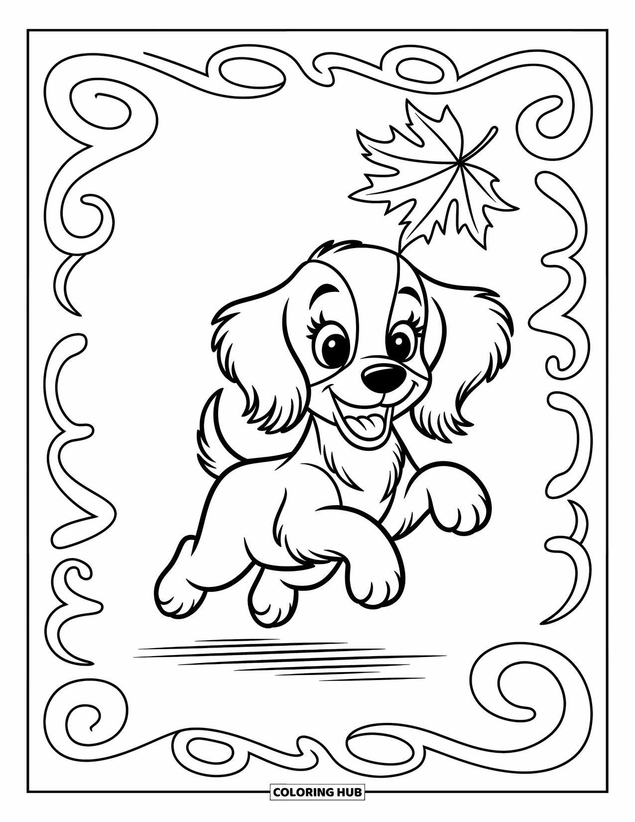Dog Coloring Page for Kids: A playful Cocker Spaniel jumps high, trying to catch a gently falling autumn leaf