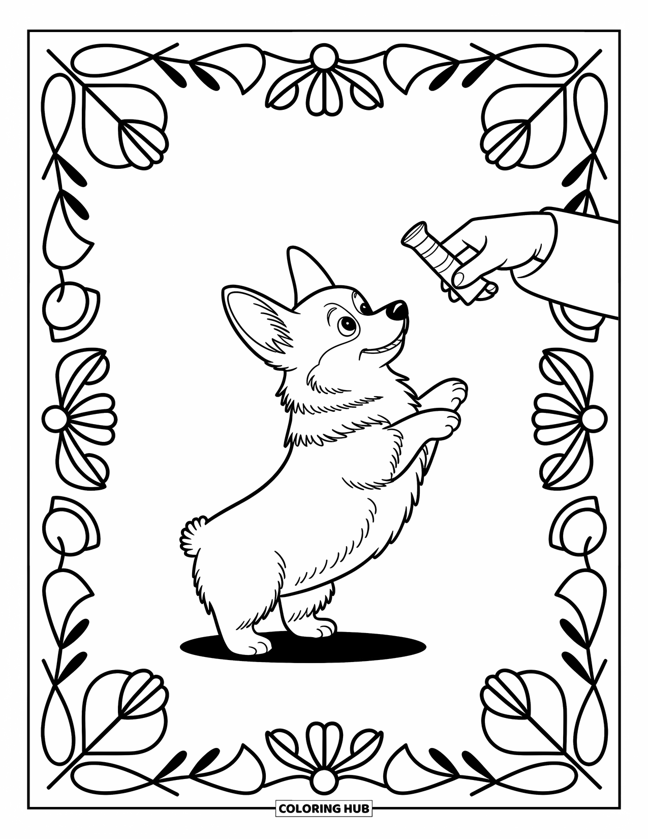 Dog Coloring Page for Kids: A playful Corgi stretches up for a treat, surrounded by whimsical geometric patterns