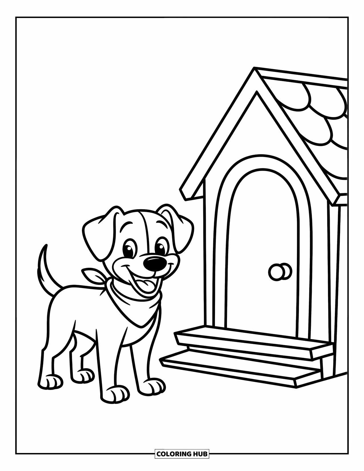 Dog Coloring Page for Kids: A playful dog stands near a charming doghouse, wearing a scarf and wagging its tail