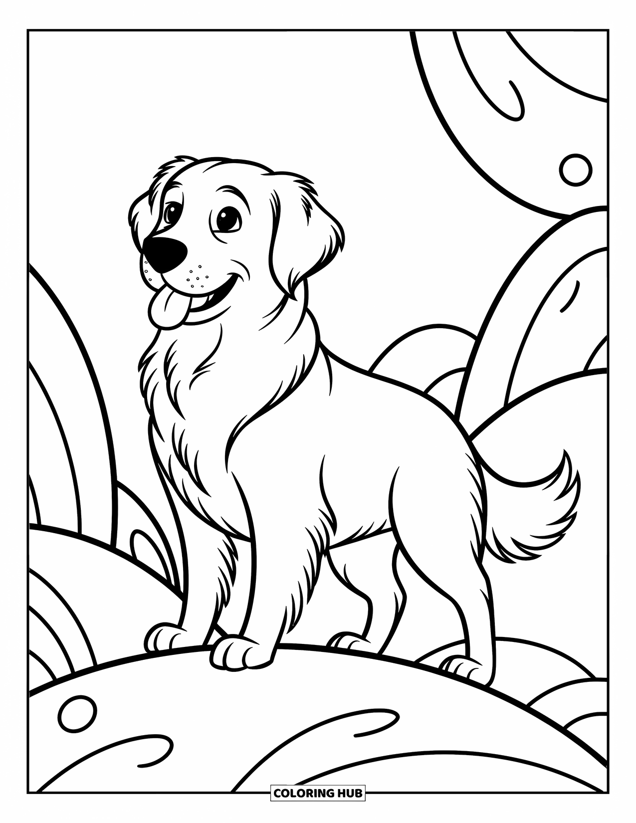 Dog Coloring Page for Kids: A playful Golden Retriever stands on a hill, surrounded by soft, rolling scenery