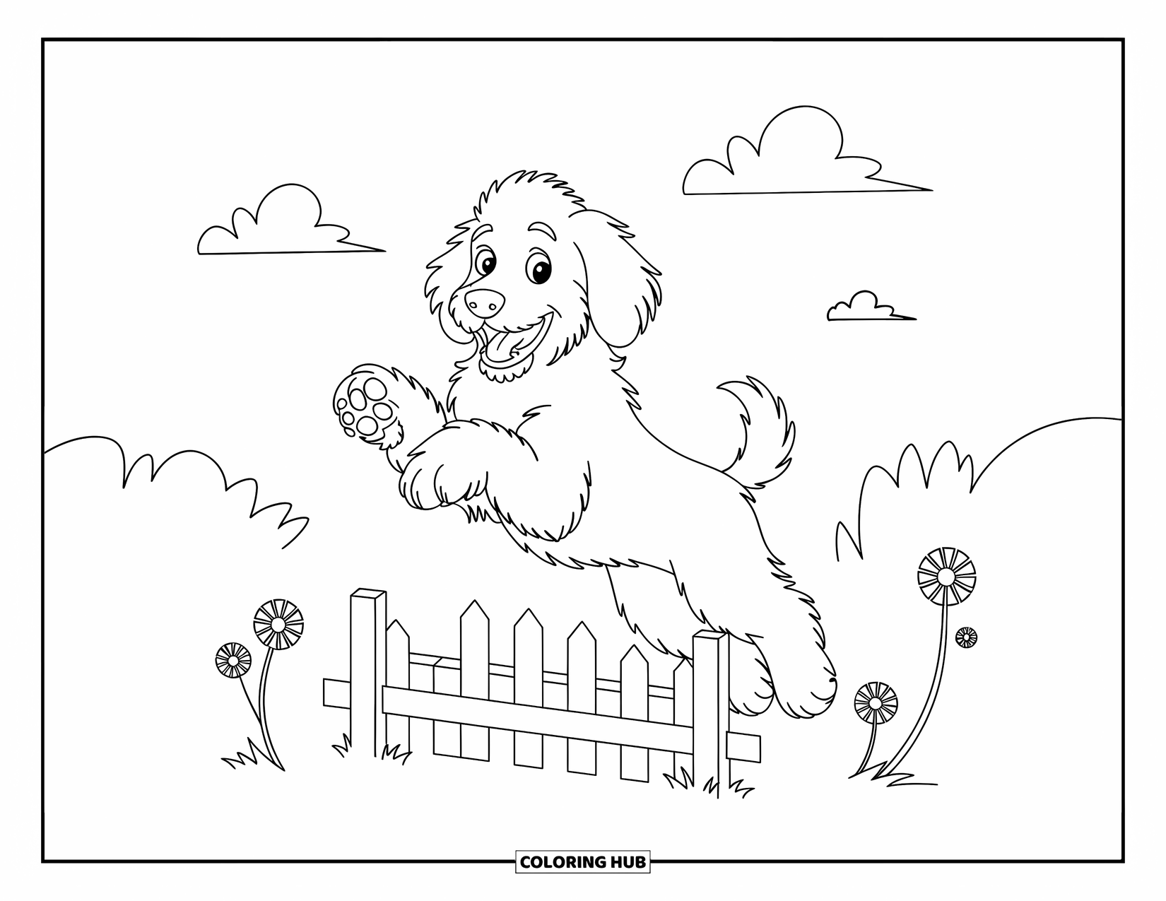 Dog Coloring Page for Kids: A playful Goldendoodle leaps over a wooden fence, ears flopping and tail wagging with joy