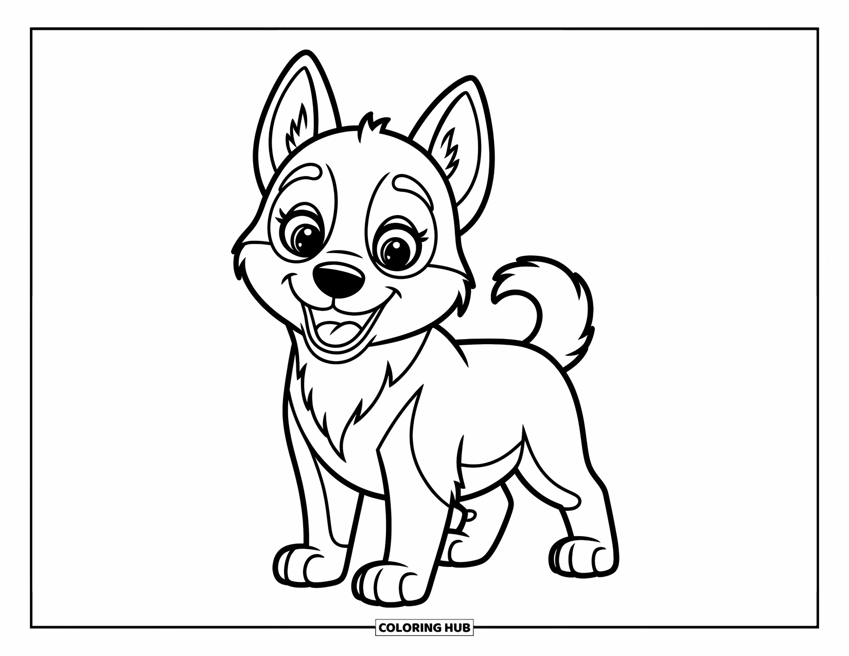 Dog Coloring Page for Kids: A playful Husky puppy stands happily, ears perked and tail wagging with excitement