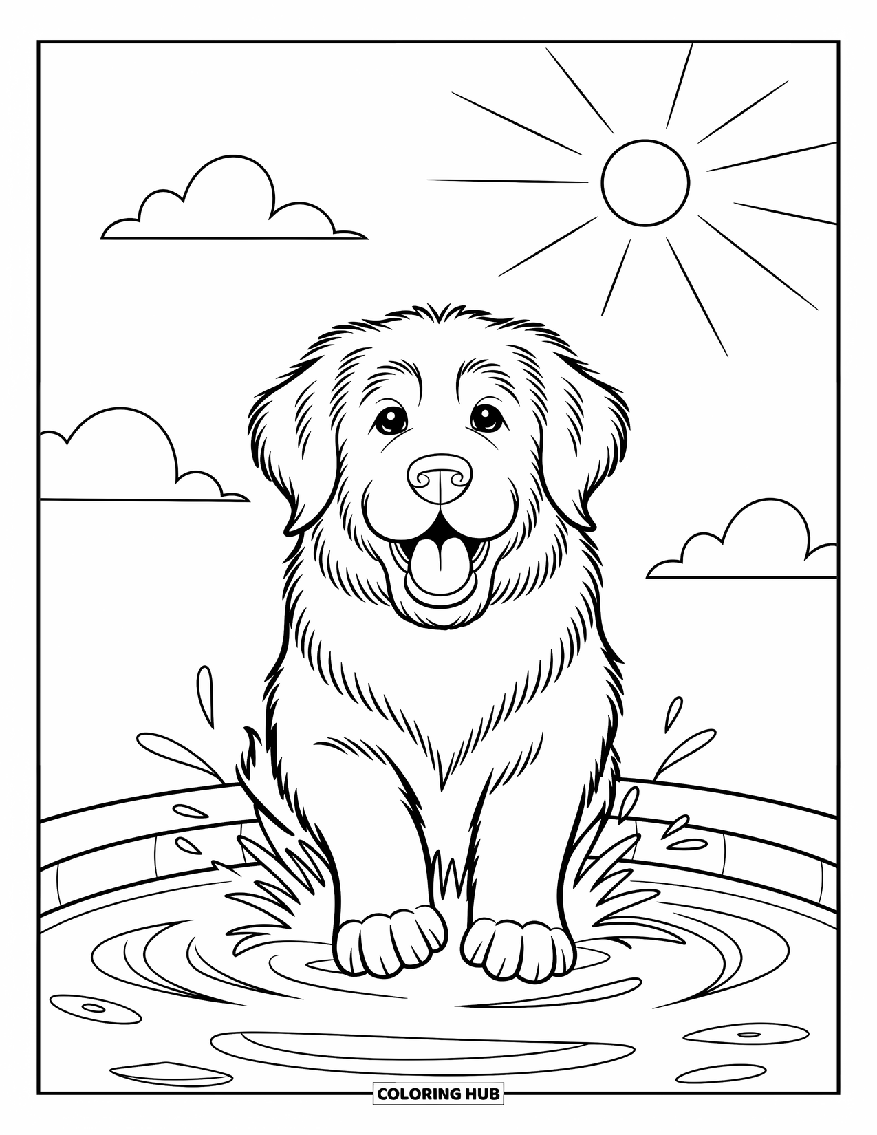Dog Coloring Page for Kids: A playful Newfoundland puppy happily splashes in the water, surrounded by gentle ripples