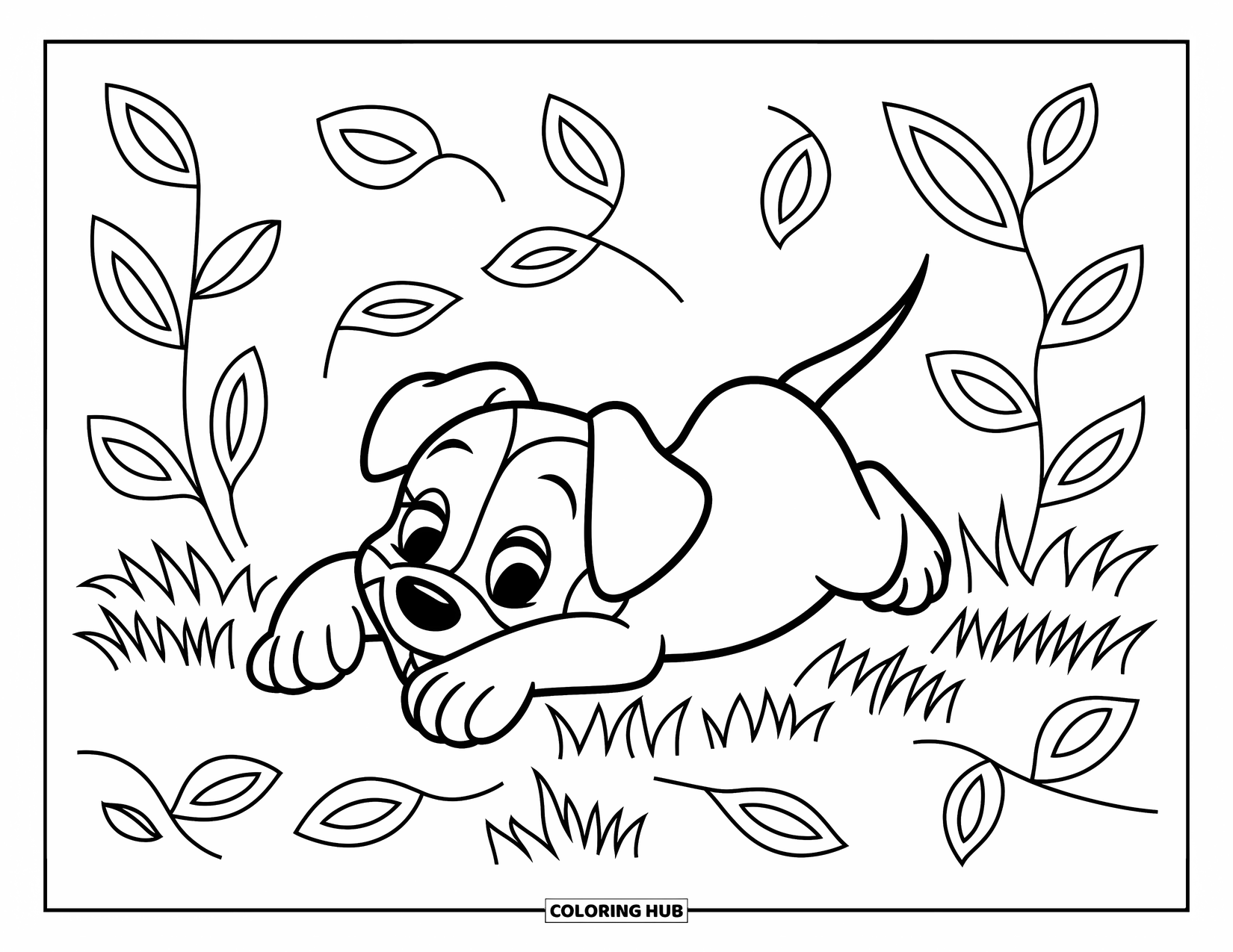Dog Coloring Page for Kids: A playful puppy rolls on the grass, paws up, surrounded by scattered leaves