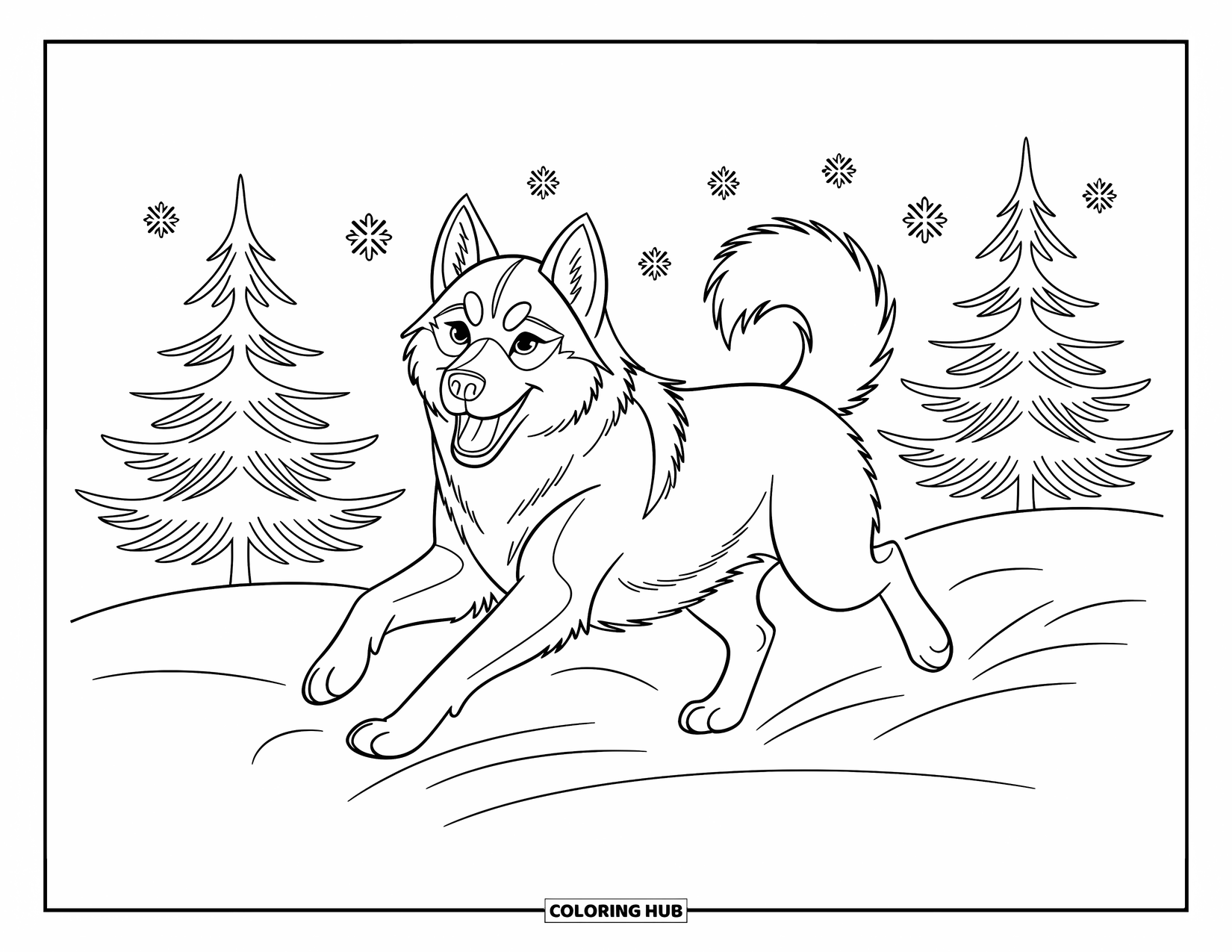 Dog Coloring Page for Kids: A playful Siberian Husky dashes through a snowy landscape, surrounded by delicate pine trees