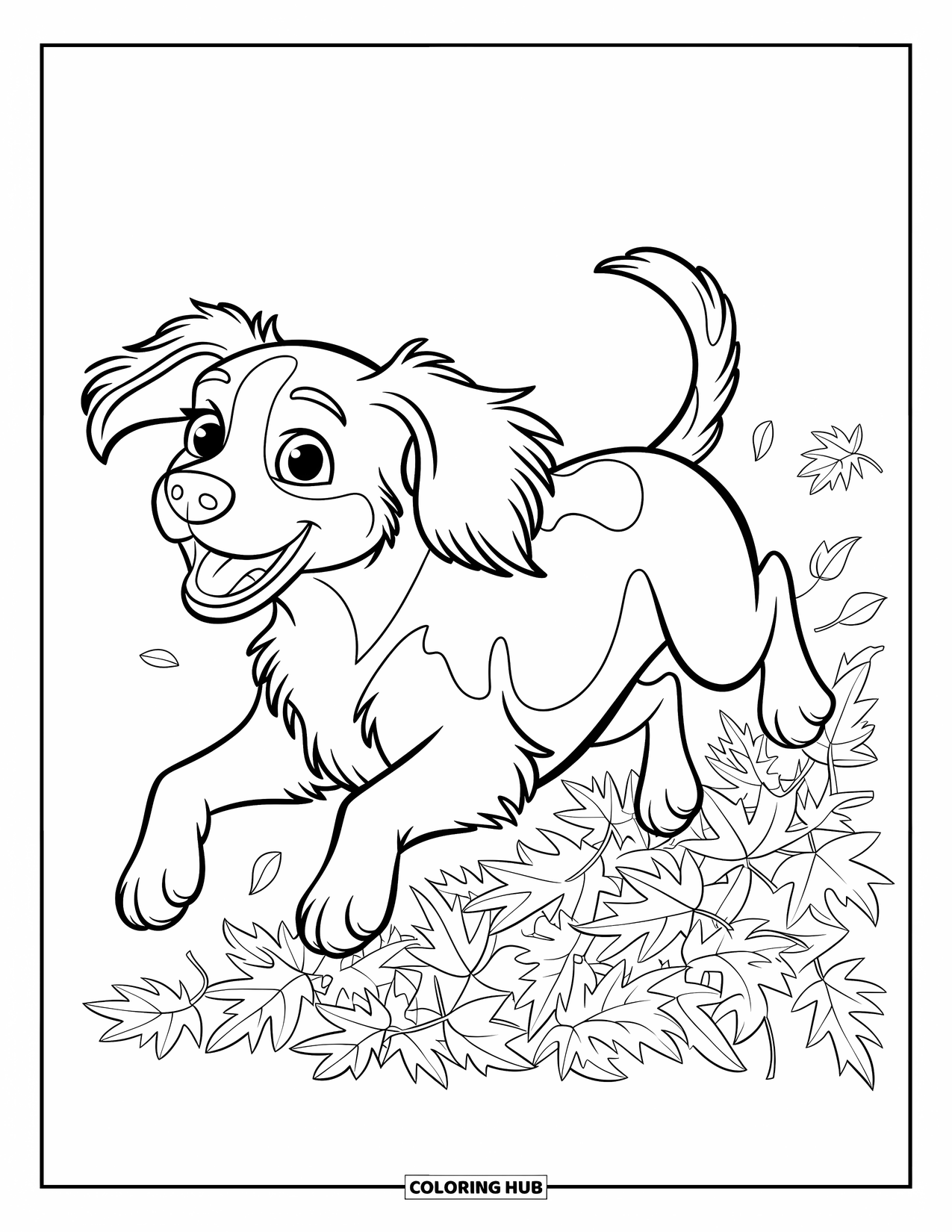 Dog Coloring Page for Kids: A playful Springer Spaniel bounds through crunchy leaves, ears flopping with excitement