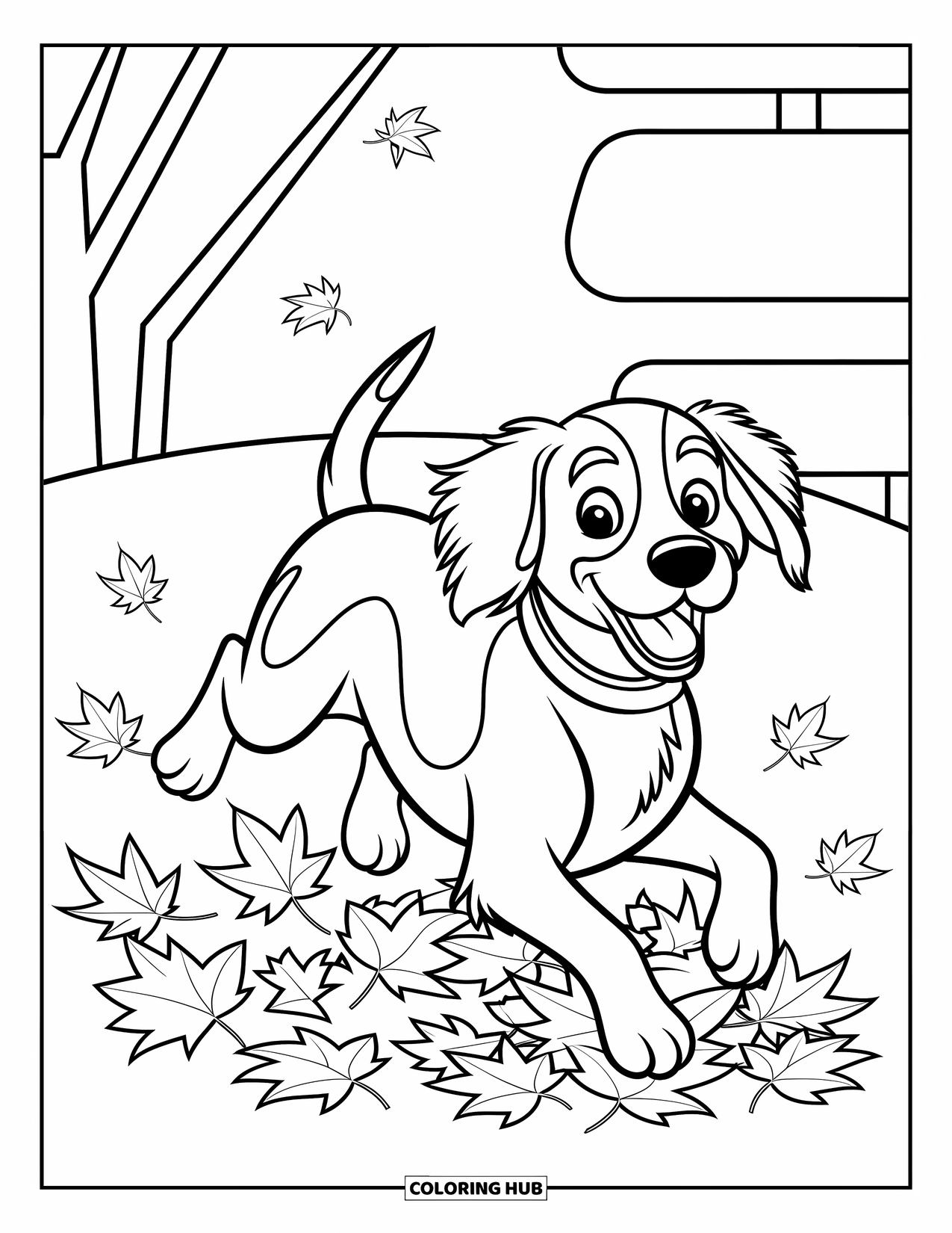 Dog Coloring Page for Kids: A playful Springer Spaniel bounds through scattered leaves, surrounded by a whimsical tree line