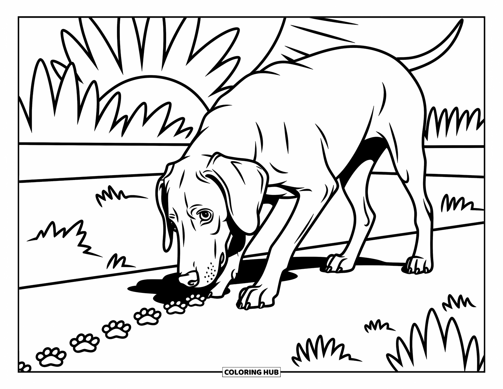 Dog Coloring Page for Kids: A playful Weimaraner follows a trail of tiny paw prints, surrounded by whimsical details
