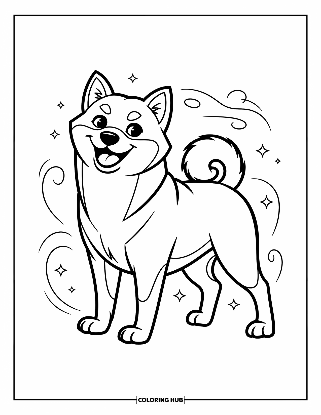 Dog Coloring Page for Kids: A proud Shiba Inu stands confidently, tail curled high, with bright eyes full of excitement