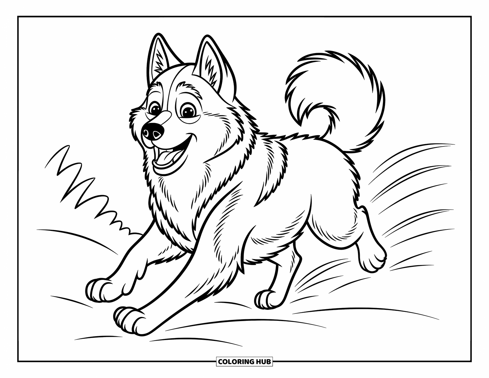 Dog Coloring Page for Kids: A Siberian Husky runs energetically through the snow, its eyes gleaming with excitement
