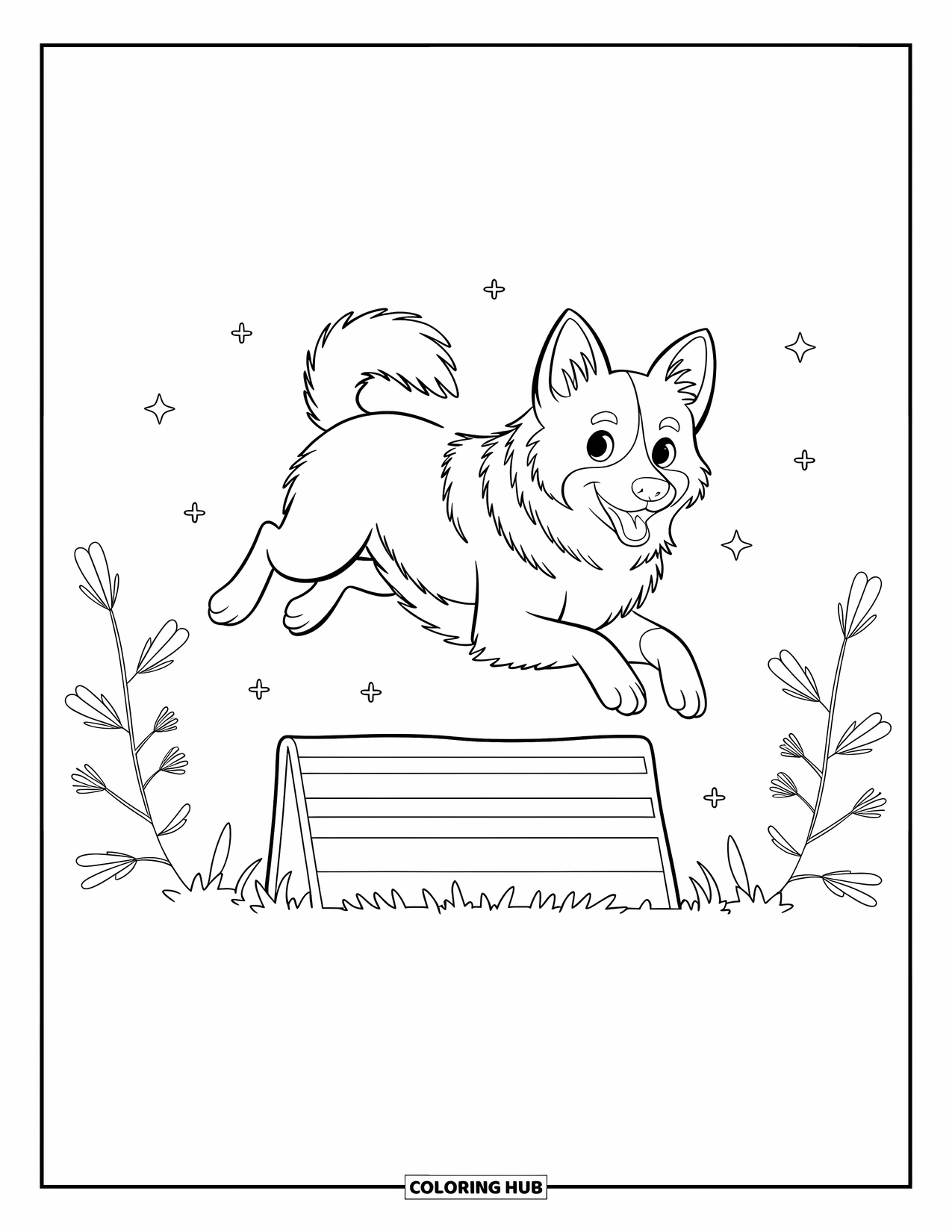 Dog Coloring Page for Kids: A spirited Border Collie jumps mid-air over an obstacle, framed by whimsical floating patterns