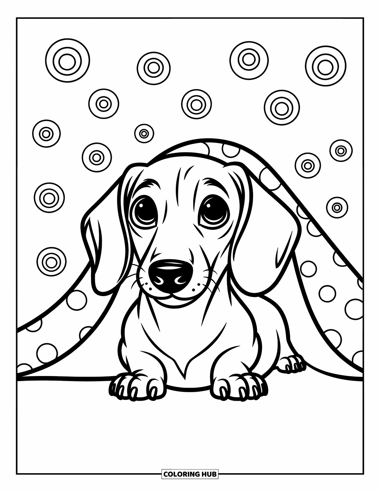 Dog Coloring Page for Kids: An adorable Dachshund peeks out from under a blanket, surrounded by playful swirls