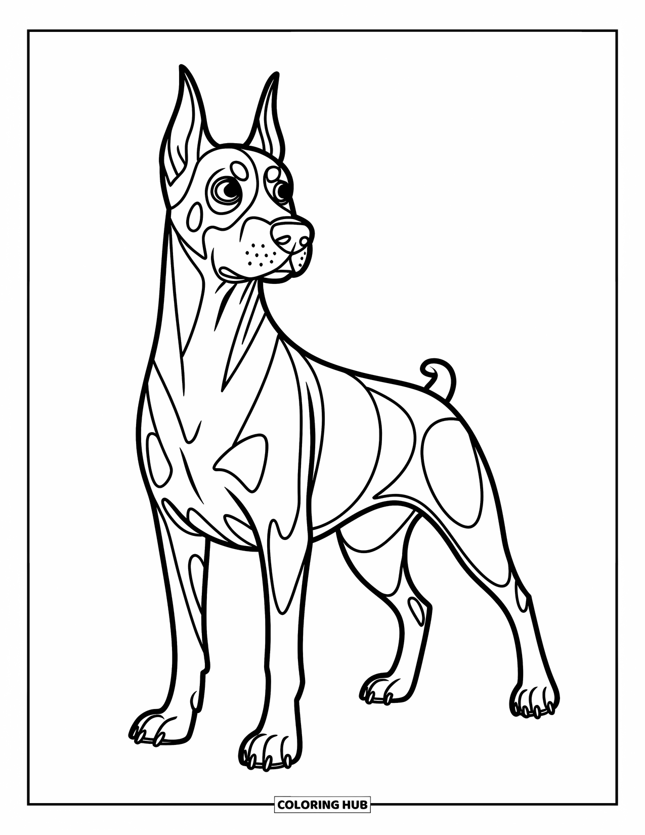 Dog Coloring Page for Kids: An alert Doberman stands poised, ears perked, watching something in the distance