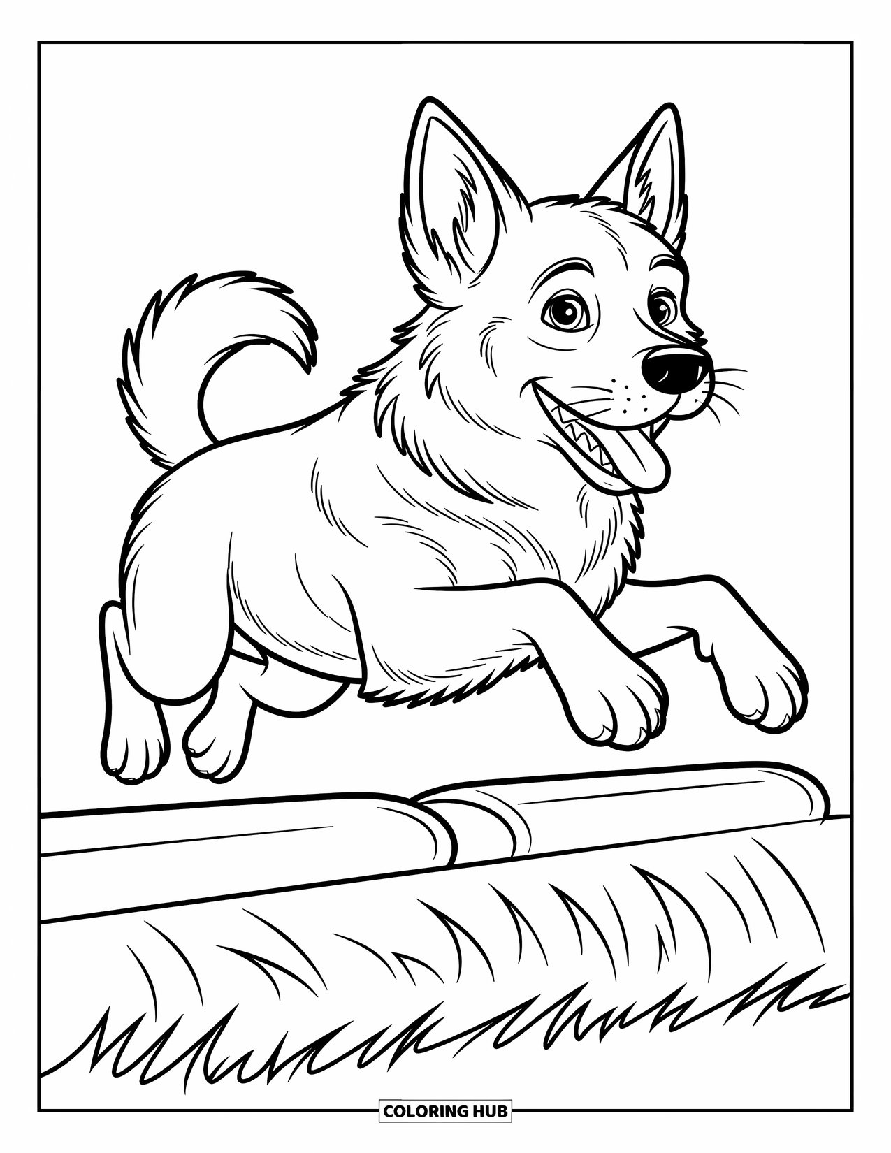Dog Coloring Page for Kids: An energetic dog leaps gracefully over an obstacle, its fur flowing with movement