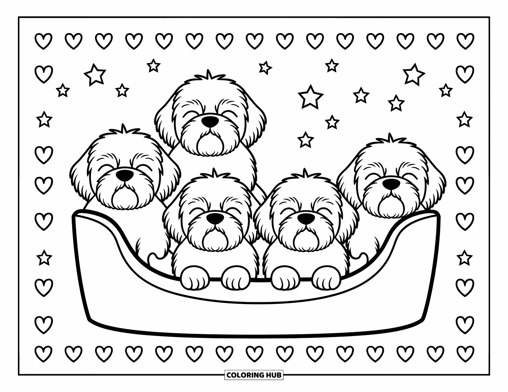 Dog Coloring Page for Kids: Four adorable Shih Tzu dogs rest together in a dog bed, surrounded by tiny hearts and stars