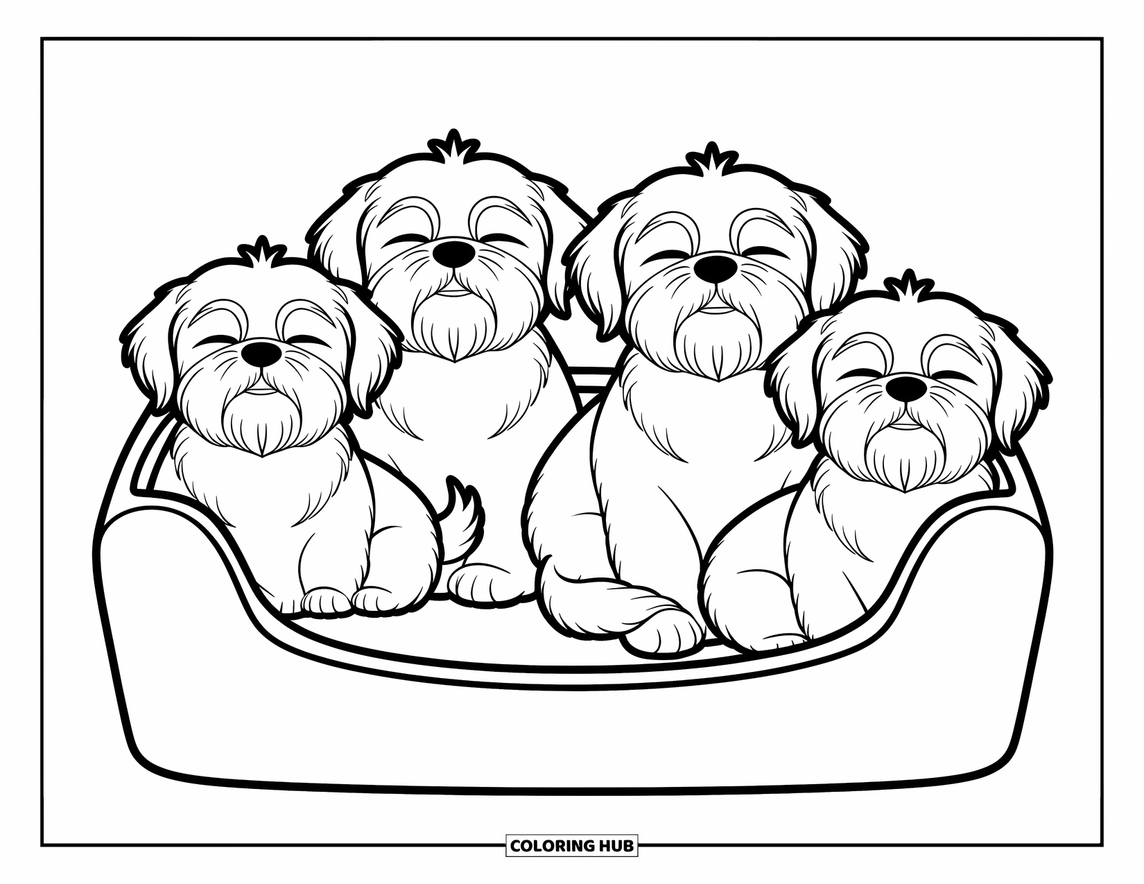 Dog Coloring Page for Kids: Four sleepy Shih Tzu dogs curl up inside a cozy dog bed, tails tucked in