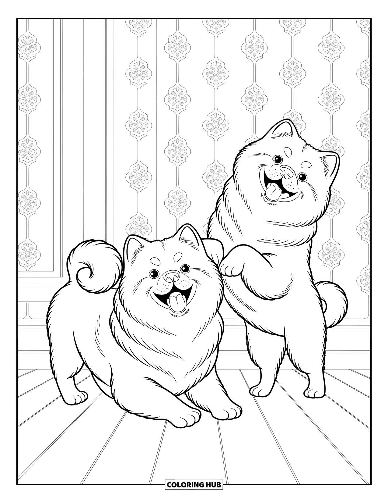 Dog Coloring Page for Kids: Two energetic Chow Chows play happily in a charming room filled with whimsical designs