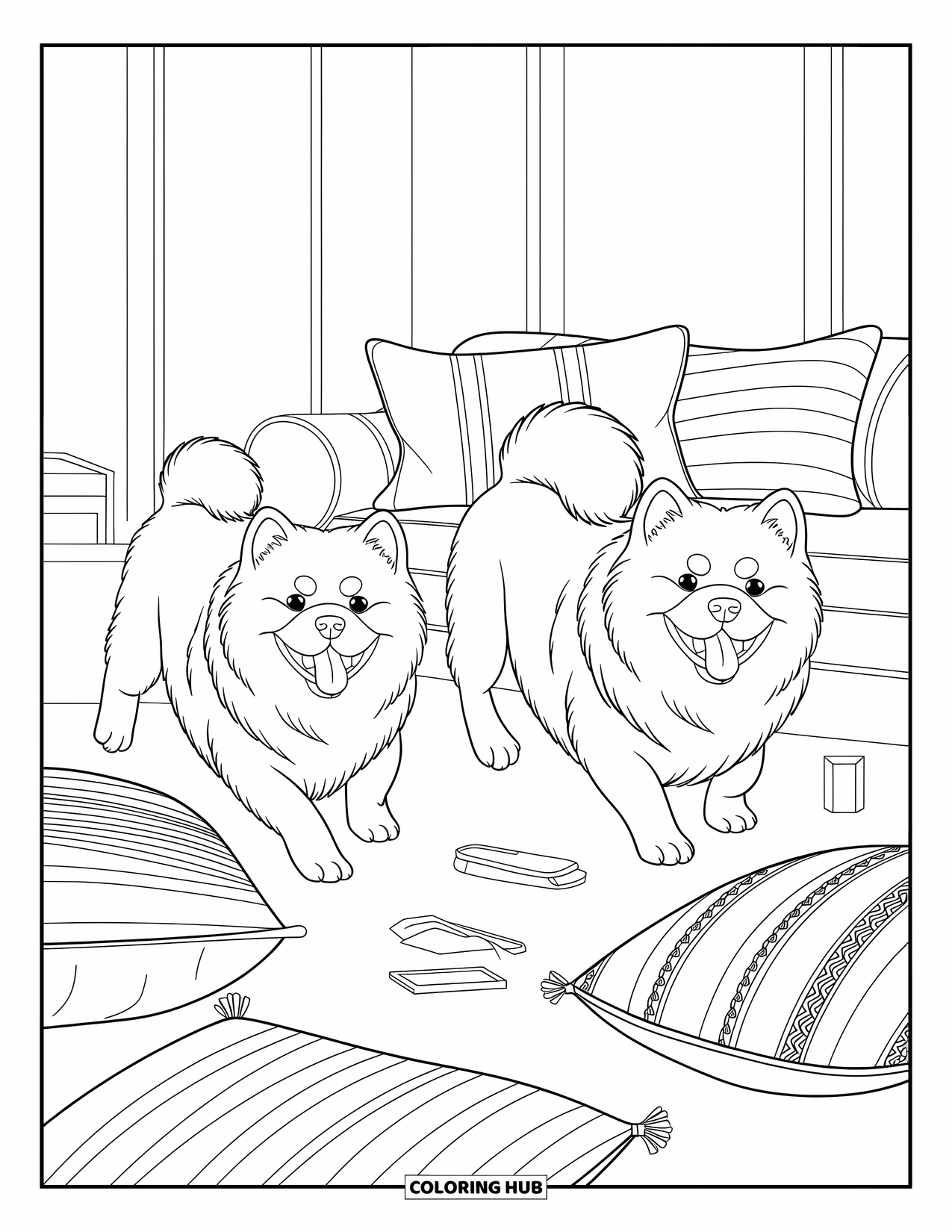 Dog Coloring Page for Kids: Two playful Chow Chows frolic in a cozy room filled with soft cushions and scattered toys