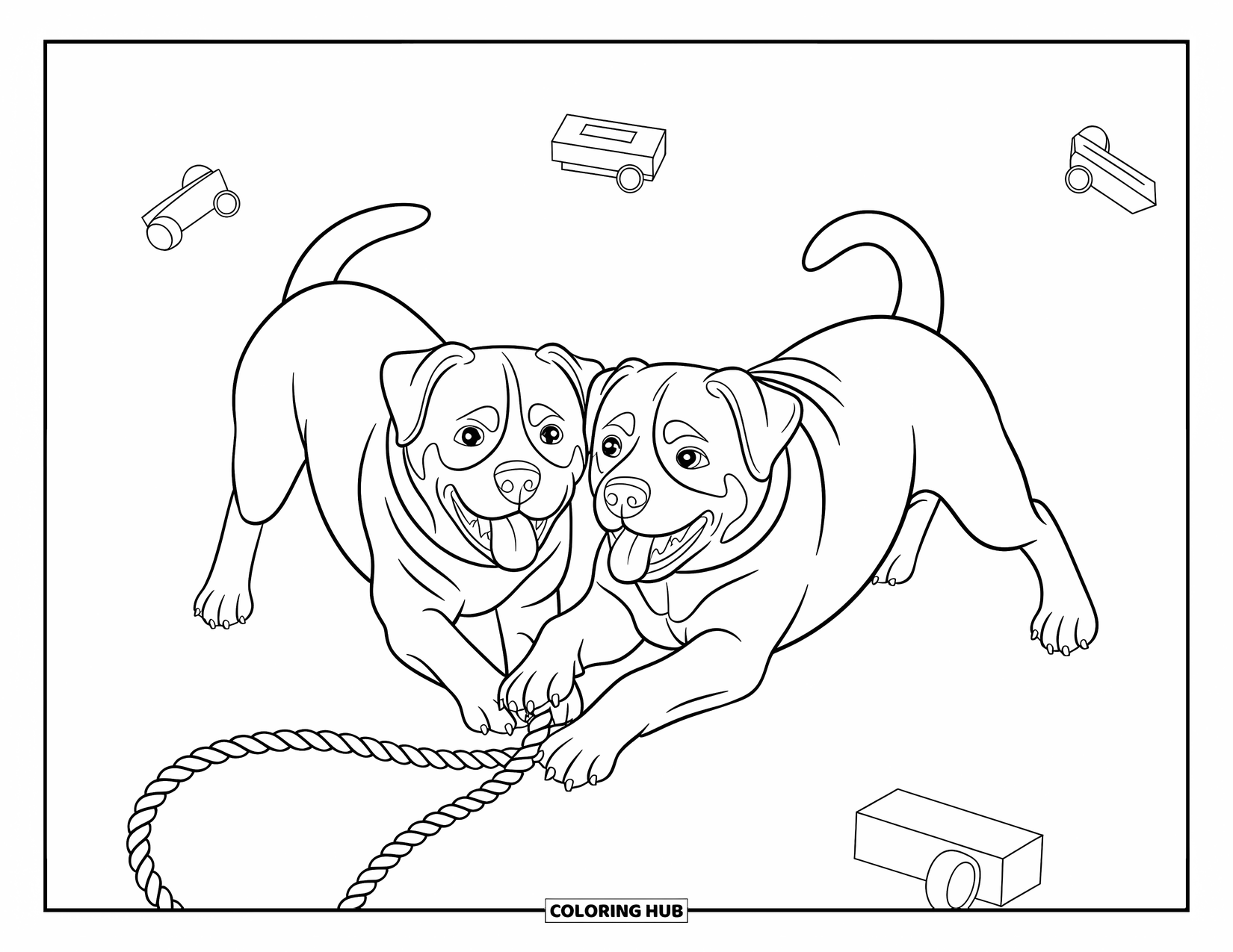 Dog Coloring Page for Kids: Two playful Rottweilers tug at a rope, tails wagging in excitement