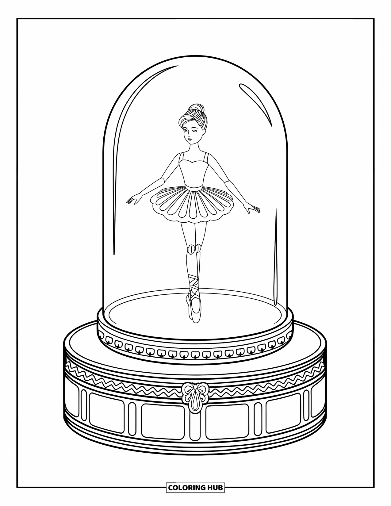 Pop Kleurplaat voor Volwassenen: Een ballerina pop draait in een koepel bovenop een sieradendoos met patroon