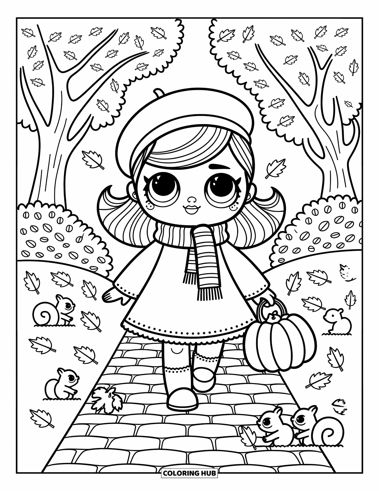 Pop Kleurplaat voor Volwassenen: Een pop geniet van een herfstwandeling met wervelende bladeren, eekhoorns en een gezellige outfit
