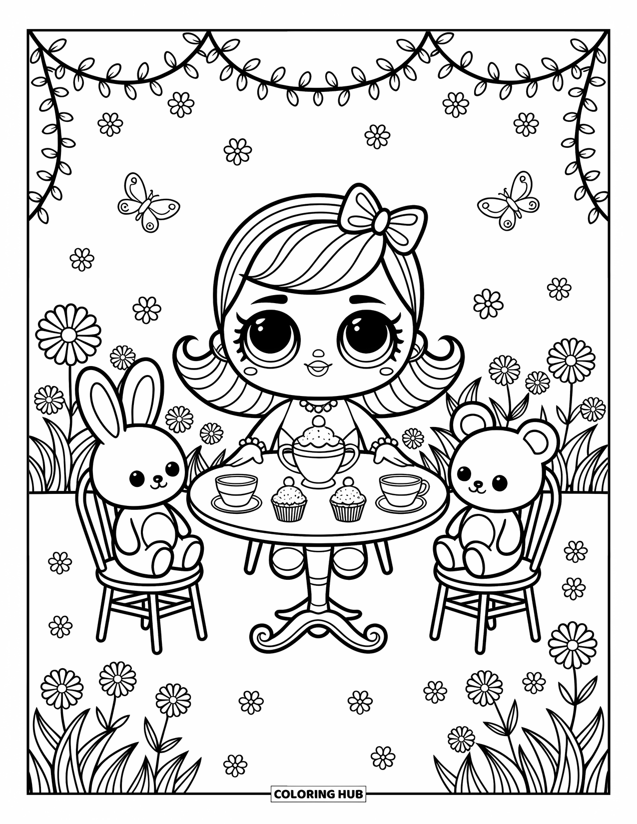 Pop Kleurplaat voor Volwassenen: Een pop geniet van een tuintheekransje met cupcakes en gevulde konijnen- en berengasten