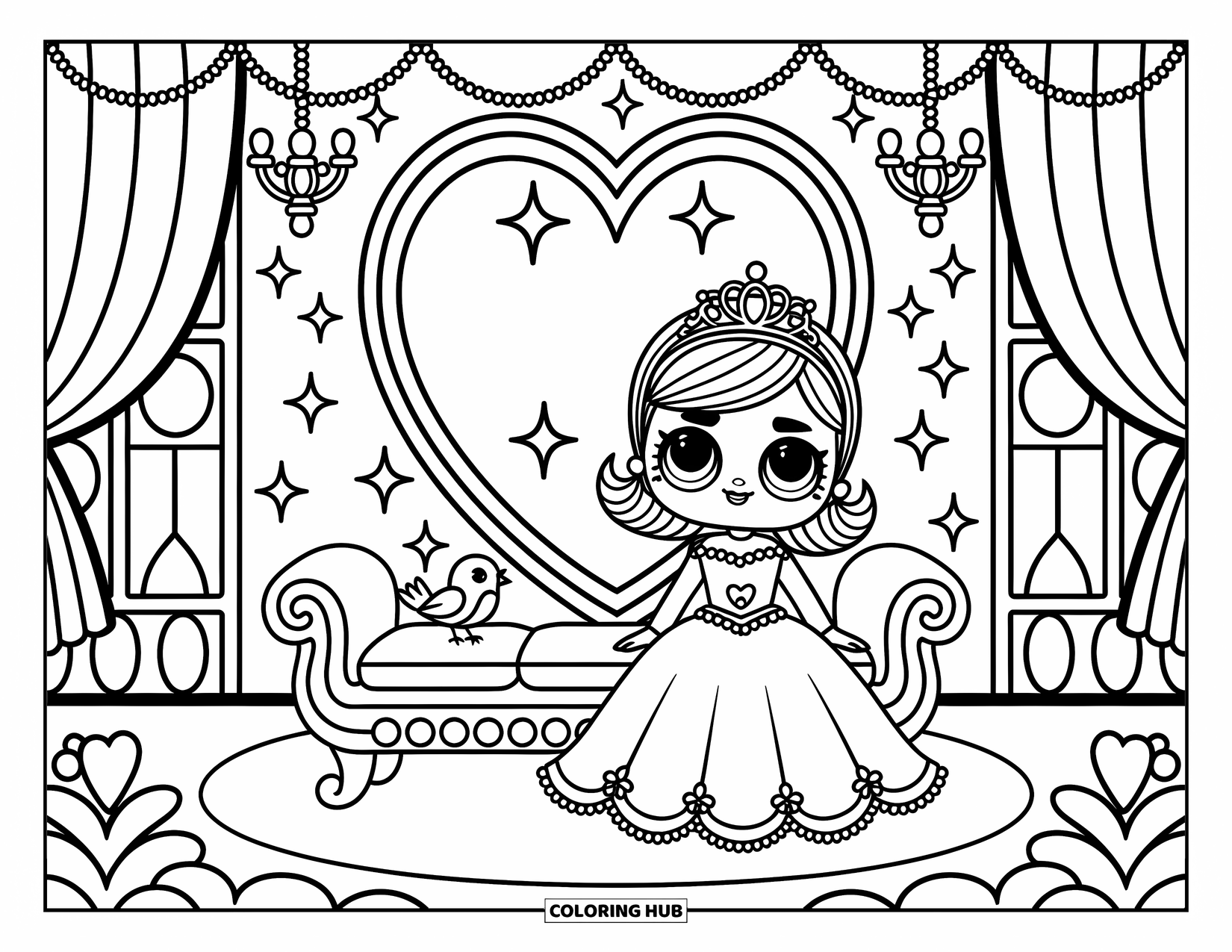 Pop Kleurplaat voor Volwassenen: Een pop in een kroon zit in de buurt van een vogel, glitters en kroonluchters in haar kasteelkamer