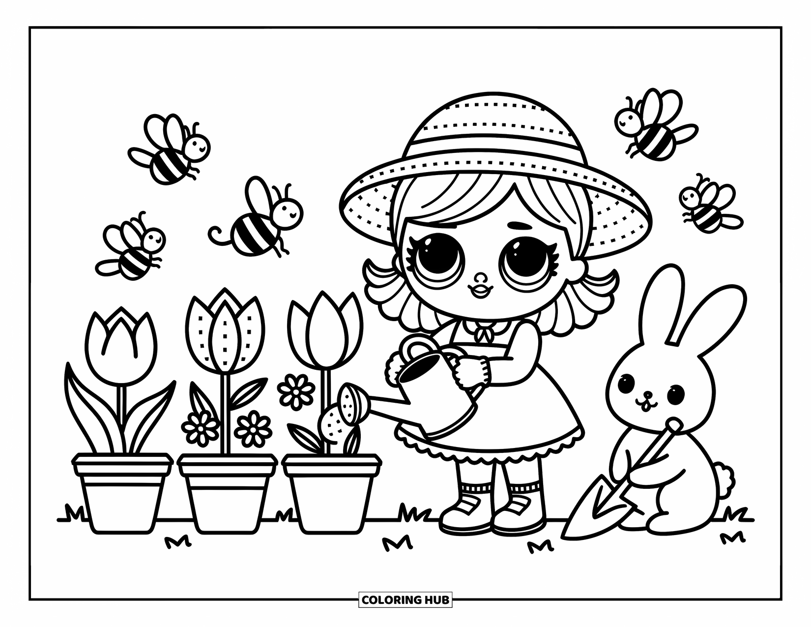 Pop Kleurplaat voor Volwassenen: Een pop in een tuin geeft bloemen water in de buurt van een konijn, bijen en een vogelhuisje