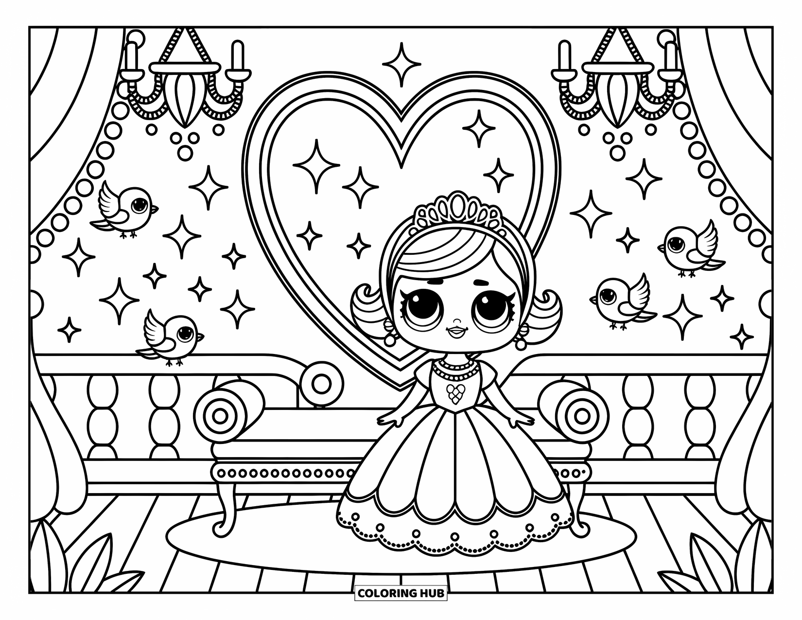 Pop Kleurplaat voor Volwassenen: Een pop in een gewaad zit bij een hartvormig raam in een sprookjeskasteel