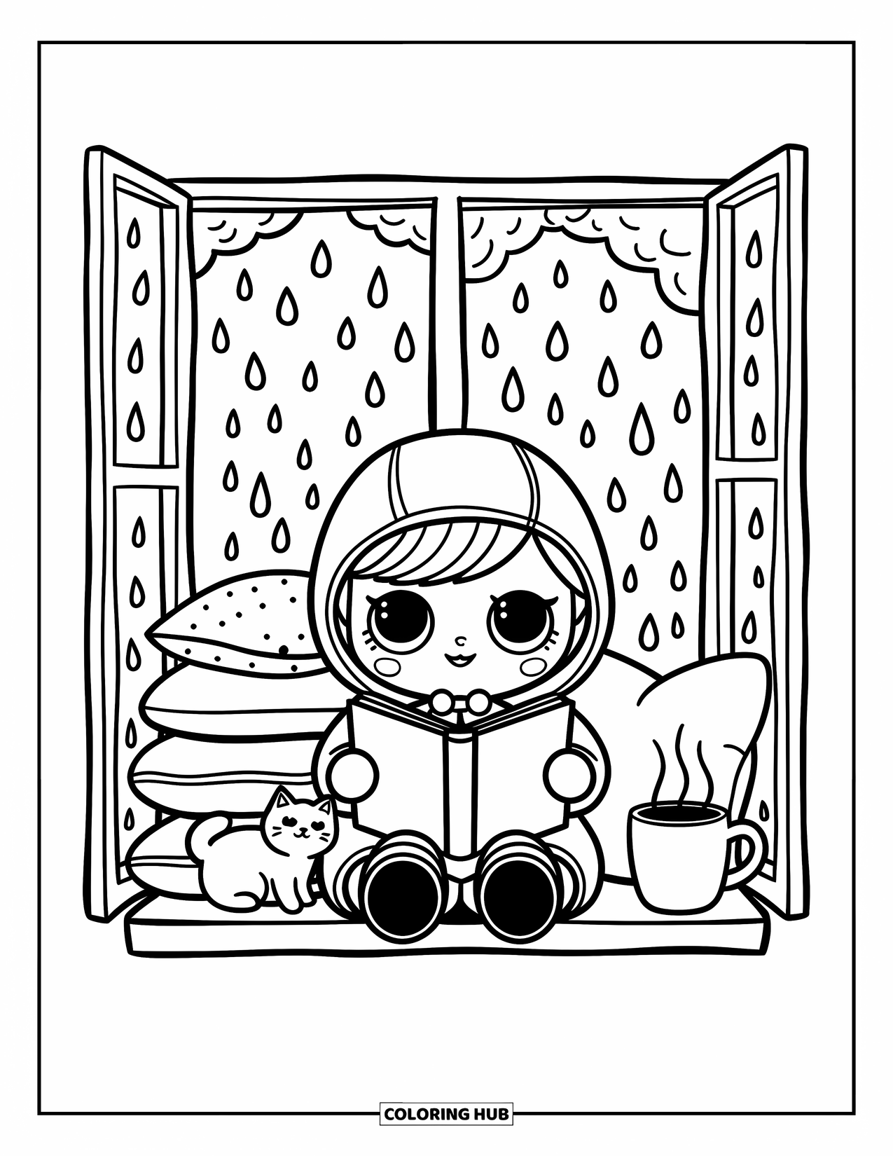 Pop Kleurplaat voor Volwassenen: Een pop in een regenjas leest een sprookjesboek naast een kat op een regenachtige dag