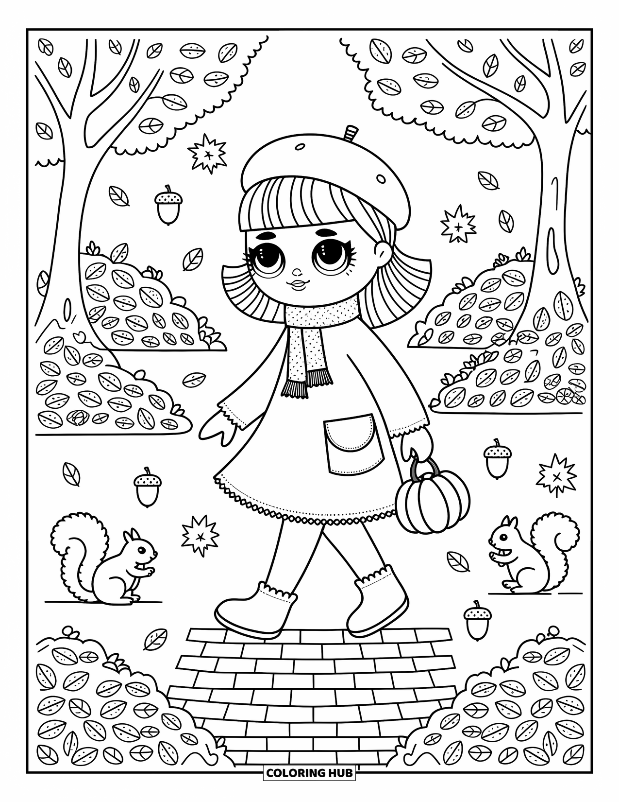 Pop Kleurplaat voor Volwassenen: Een pop in een sjaal loopt door wervelende bladeren met een klein pompoentasje in haar hand