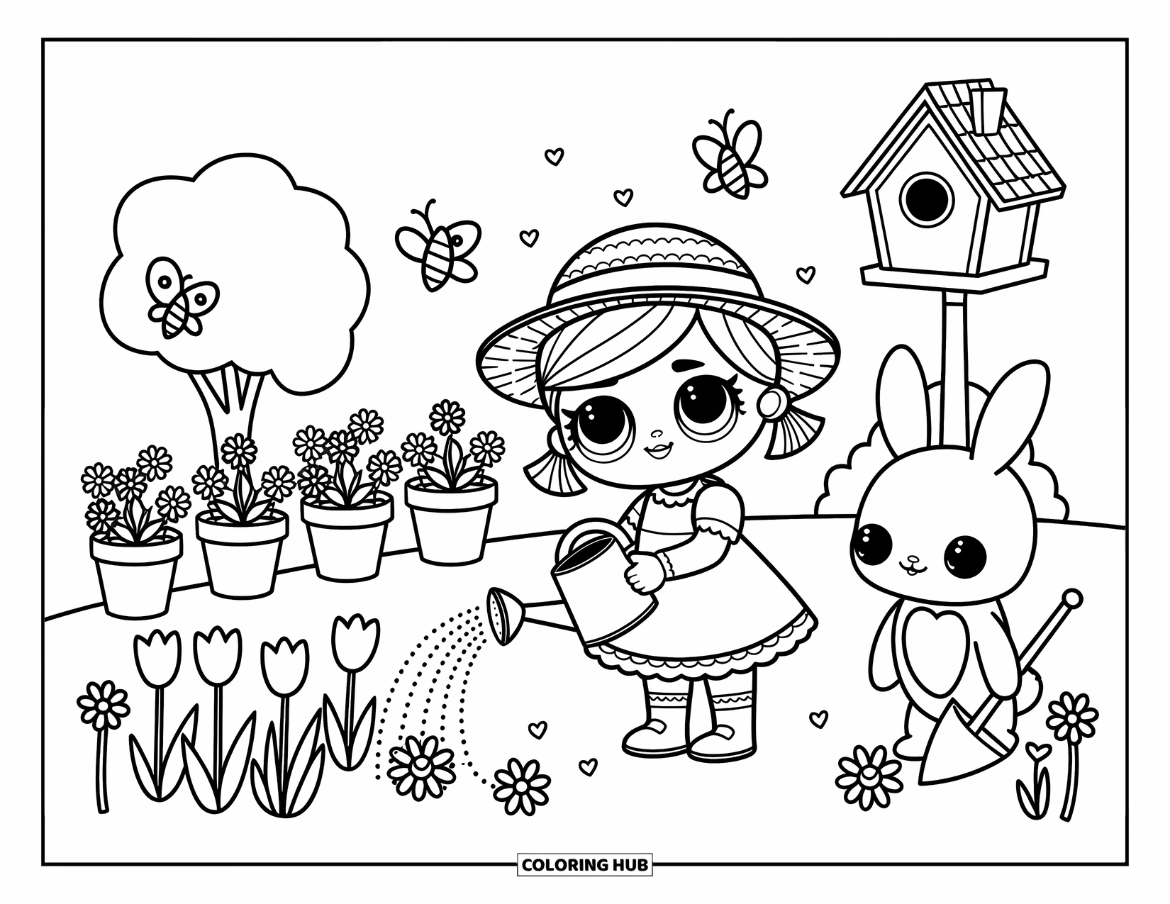 Pop Kleurplaat voor Volwassenen: Een pop in een strooien hoed geeft bloemen water terwijl vlinders fladderen en een konijntje in de buurt glimlacht