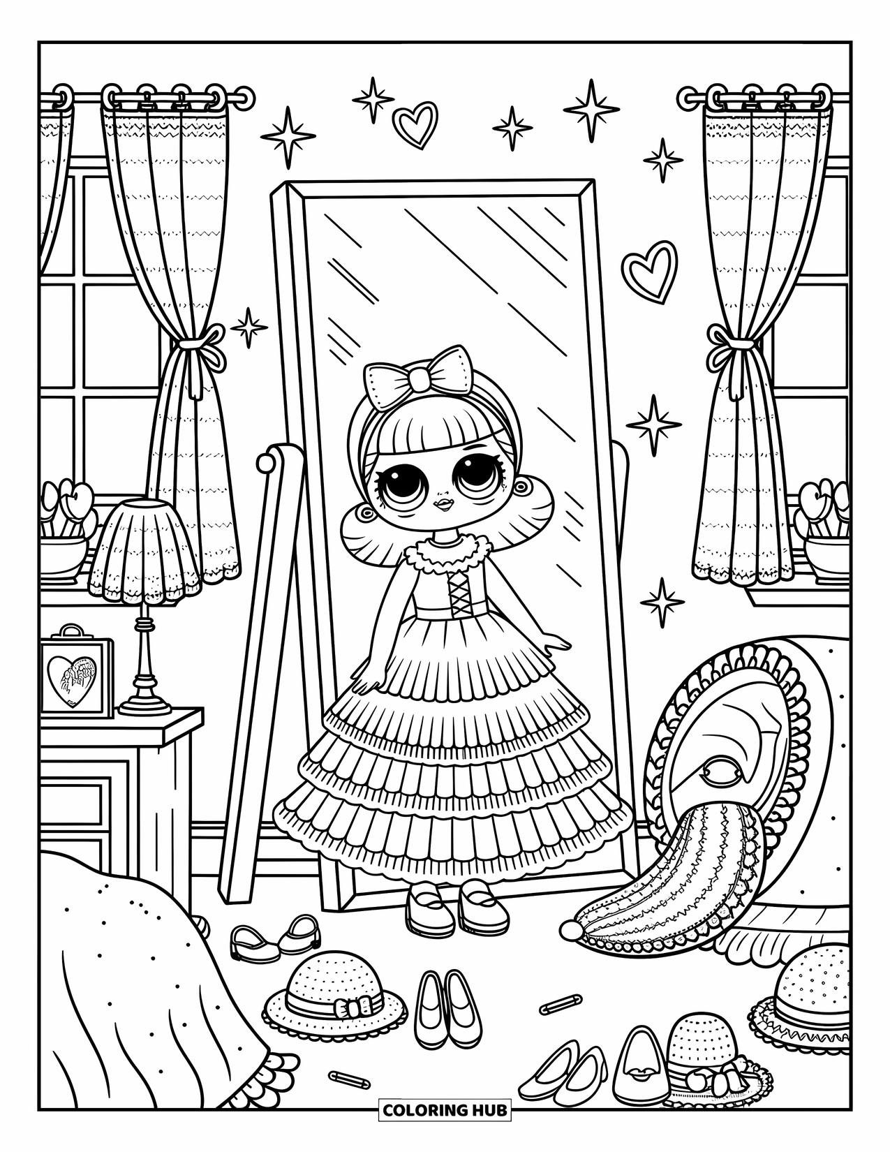 Pop Kleurplaat voor Volwassenen: Een pop poseert voor een spiegel terwijl kleine hoeden en schoenen uit haar kast vallen