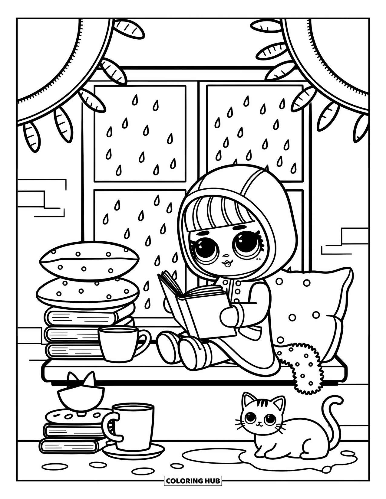 Pop Kleurplaat voor Volwassenen: Een pop leest een boek in een vensterhoek met een kat en een warme drank