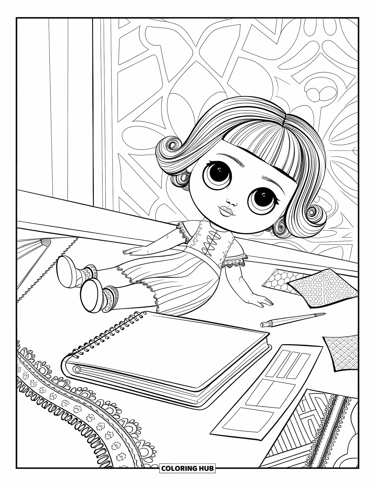 Pop Kleurplaat voor Volwassenen: Een pop rust op een tafel met kant, stukken stof en een muur met patroon