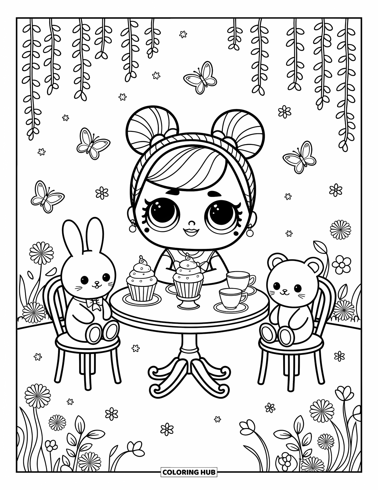 Pop Kleurplaat voor Volwassenen: Een pop deelt thee en lekkernijen met knuffels in een bloeiende lentetuin