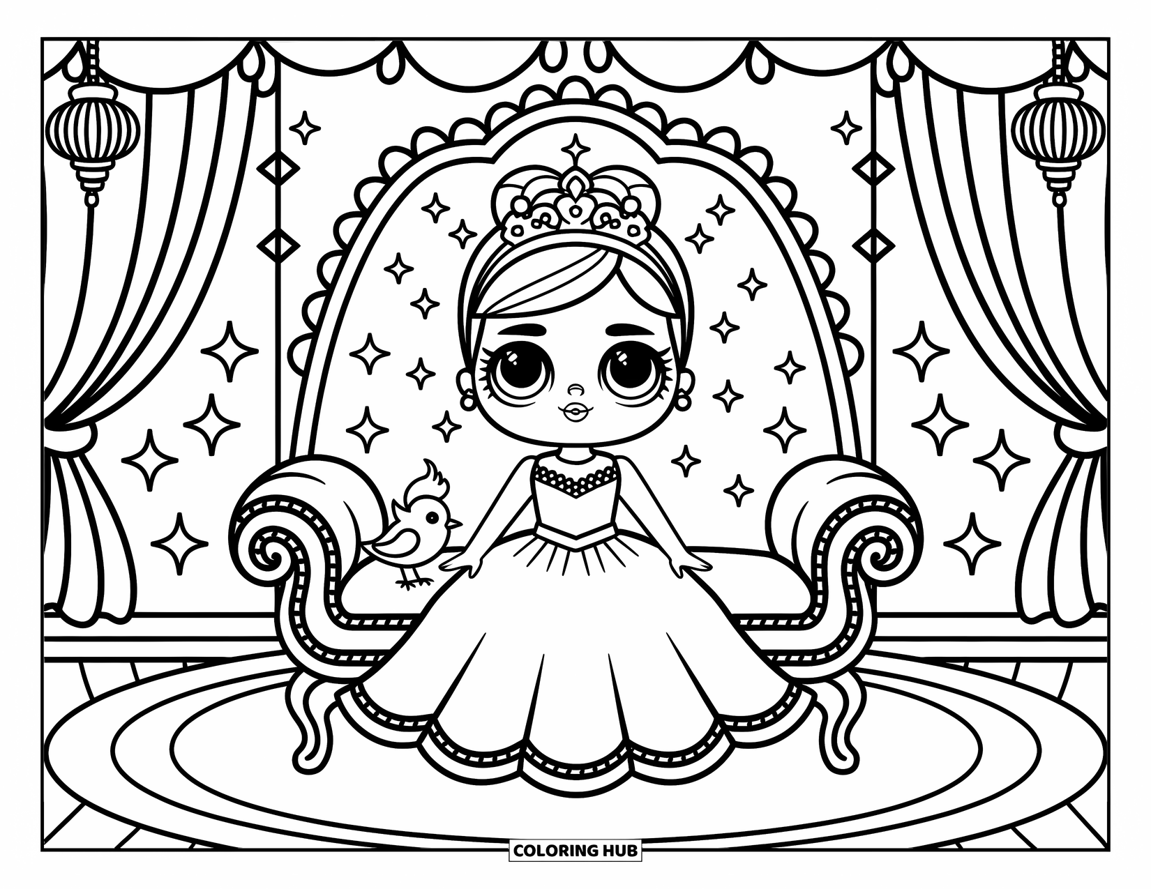 Pop Kleurplaat voor Volwassenen: Een pop zit op een bank met een kroon en een gewaad, omringd door glitters en draperieën