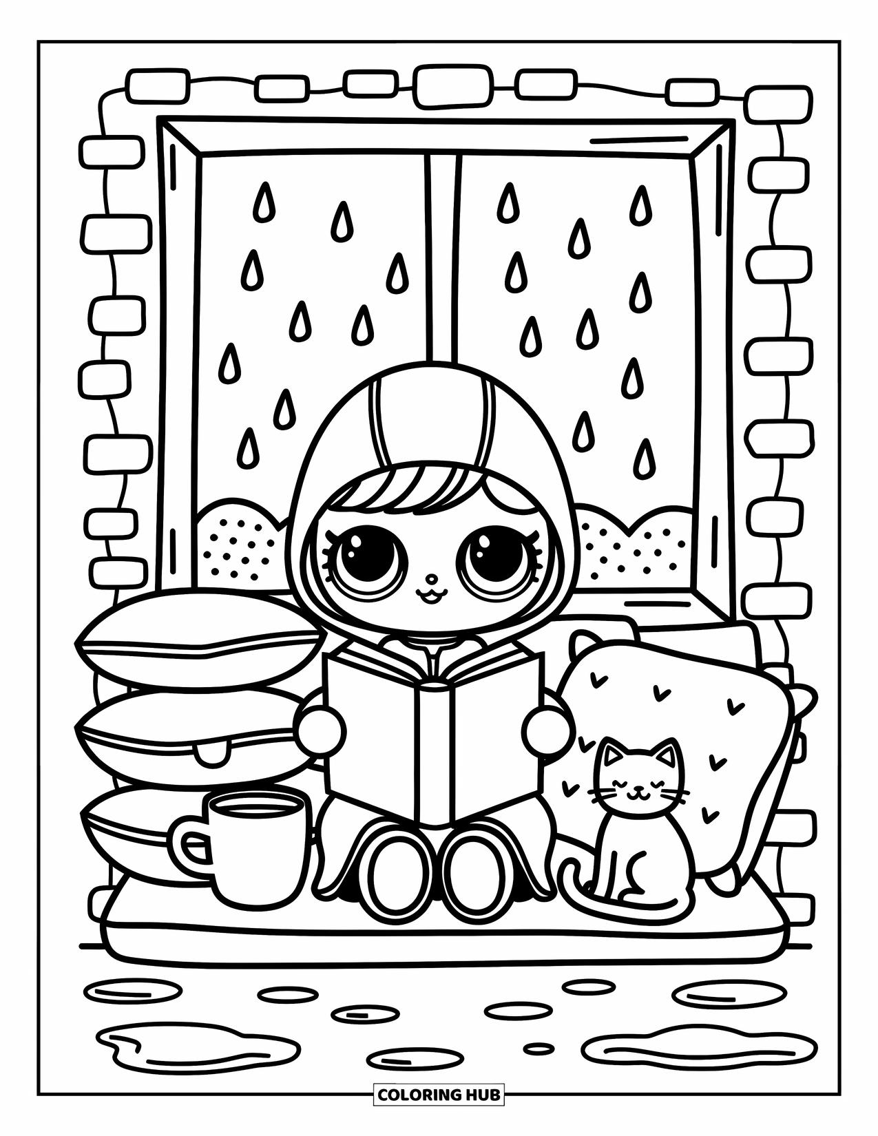 Pop Kleurplaat voor Volwassenen: Een pop nestelt zich in een vensterhoek met haar sprookjesboek, een kat en een regenachtige hemel