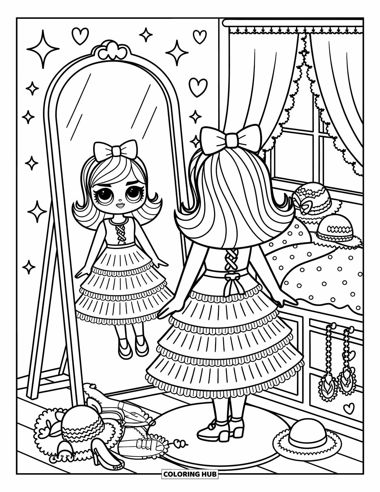 Pop Kleurplaat voor Volwassenen: Een pop staat bij haar spiegel in een ruche jurk met hoeden en schoenen om haar heen