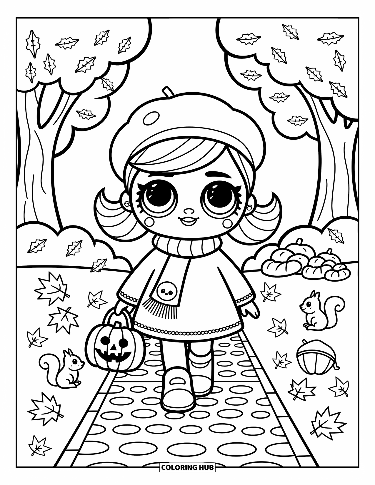 Pop Kleurplaat voor Volwassenen: Een pop wandelt door een lommerrijk park met een pompoentasje in haar hand en eekhoorns in de buurt